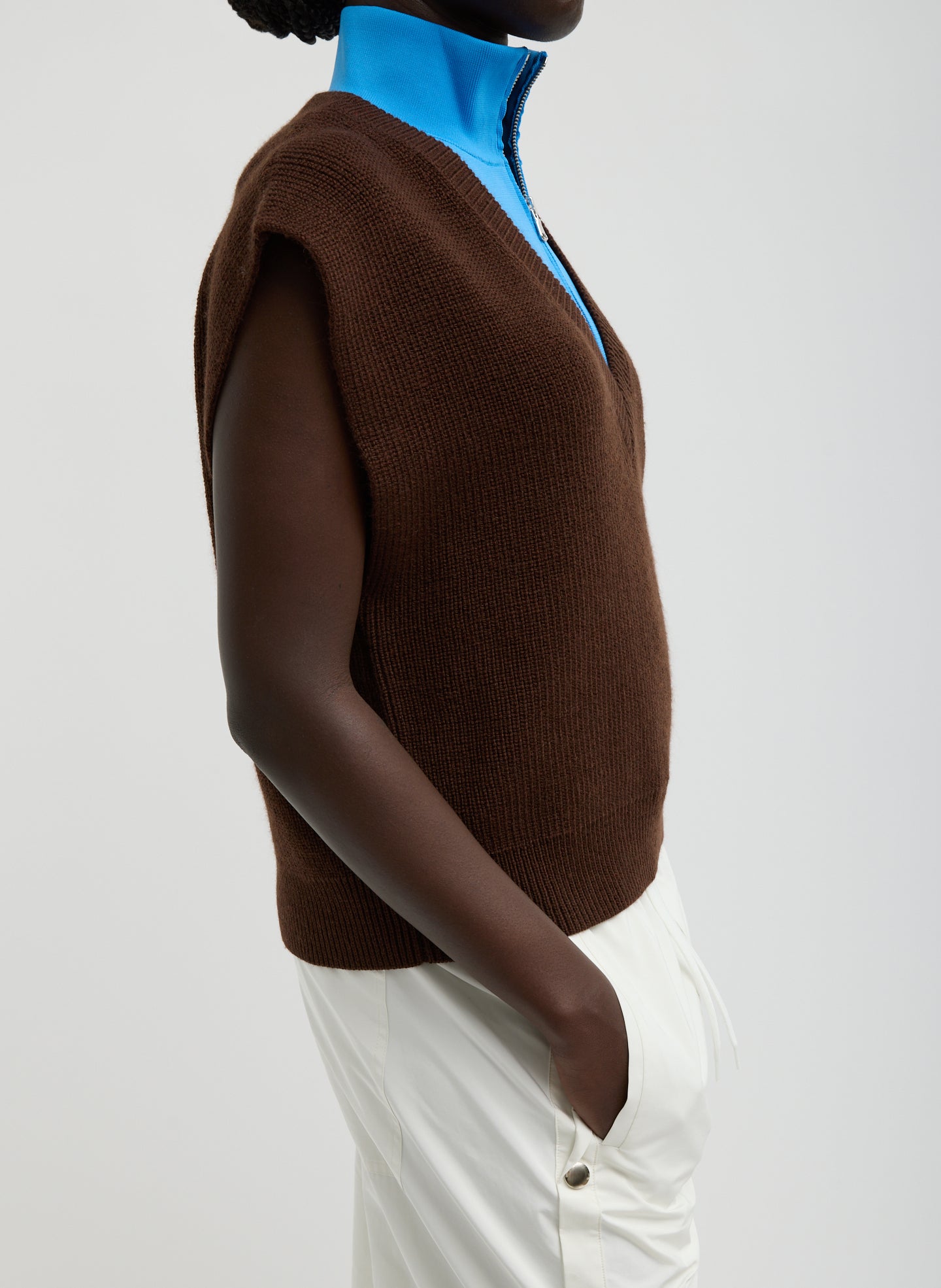 Brown Cardigan Stitch Sweater Vest With Removable Dickie - side view on model