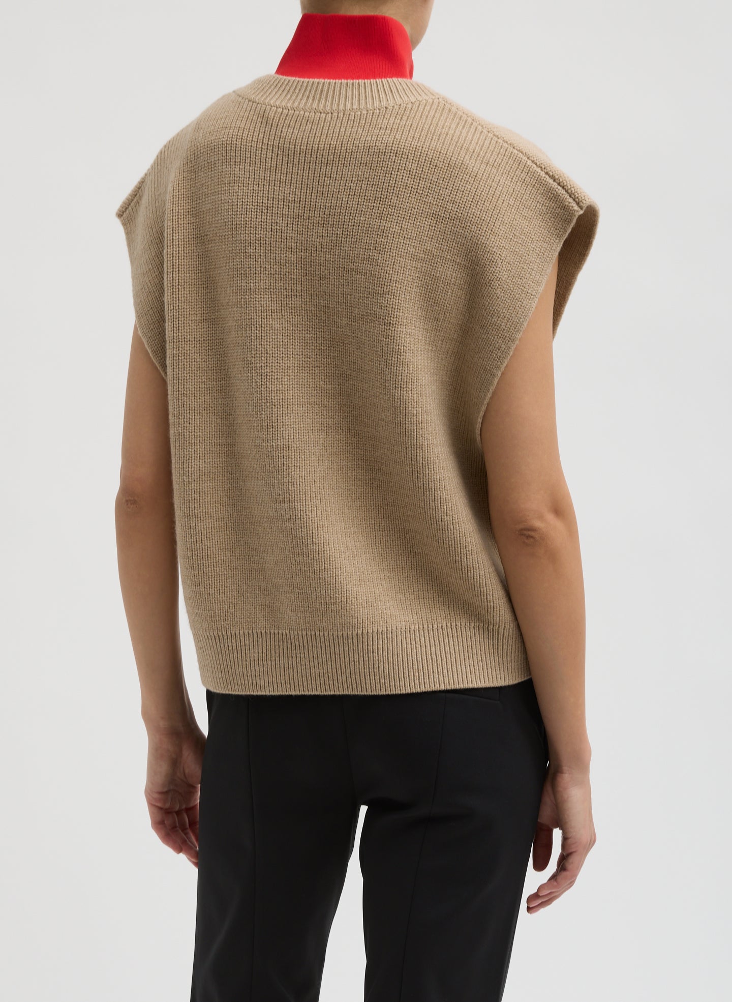 Latte Beige Cardigan Stitch Sweater Vest With Removable Dickie - back view on model