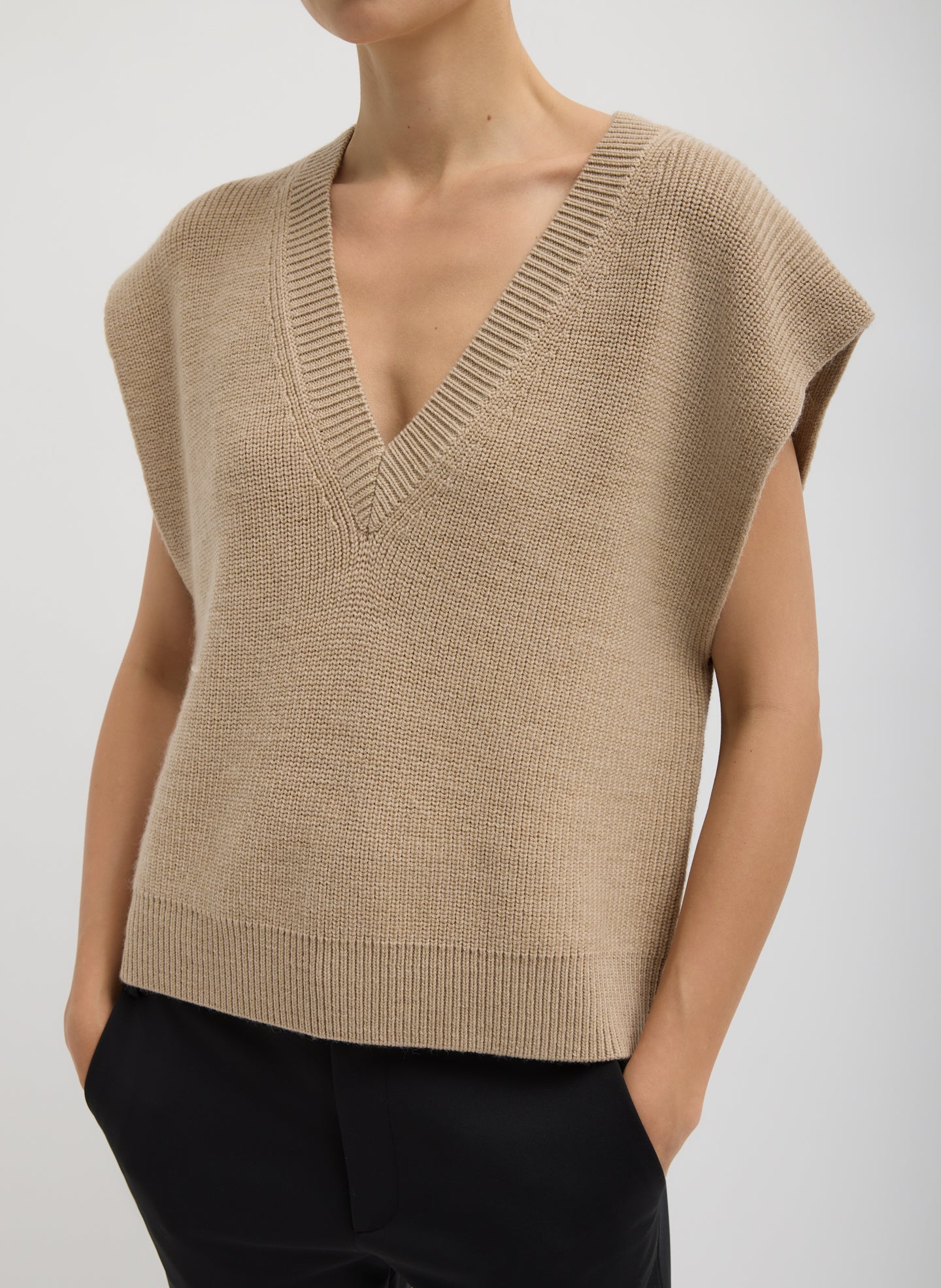 Latte Beige Cardigan Stitch Sweater Vest With Removable Dickie - v-neck with dickie removed