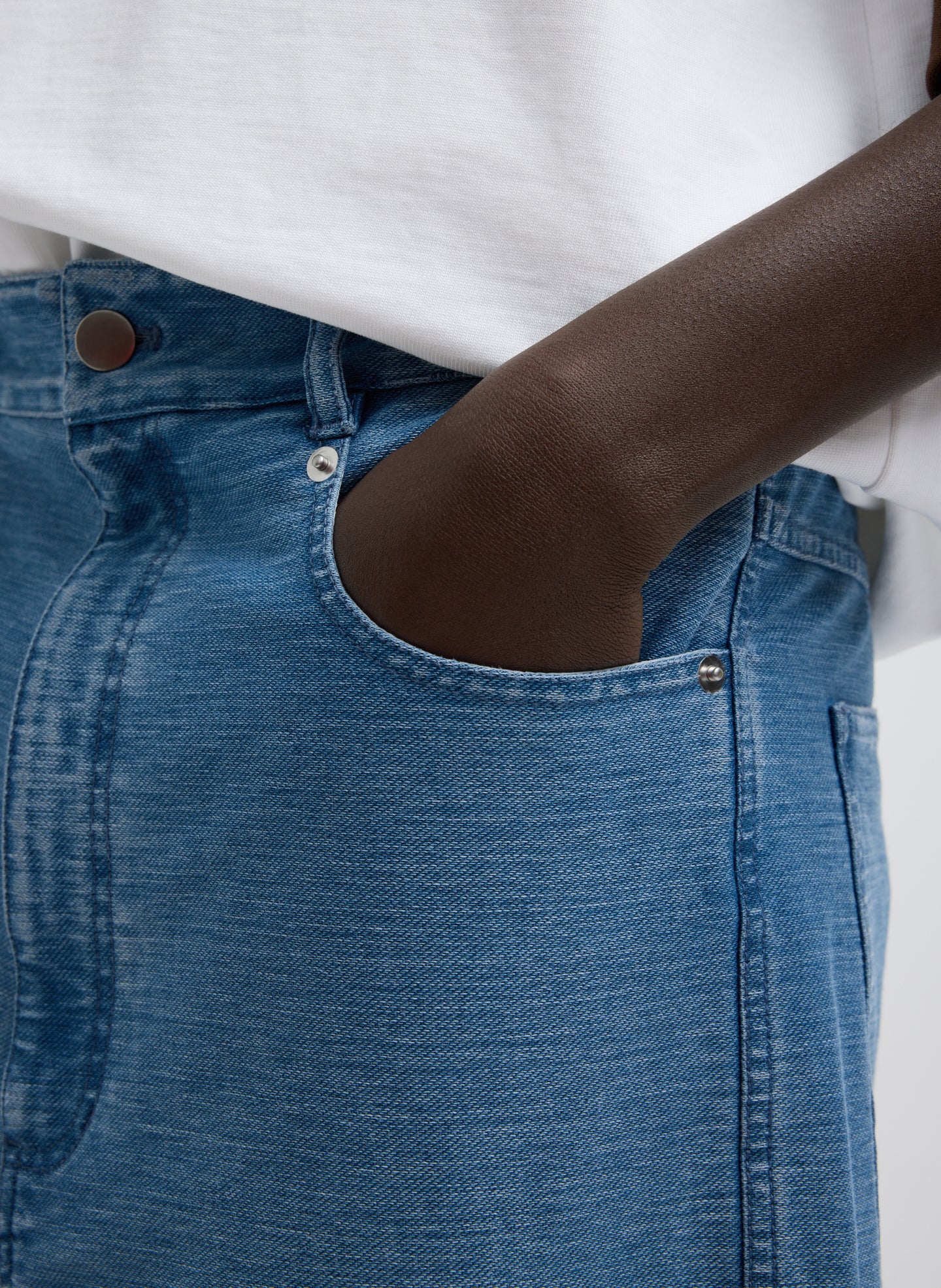 Classic Blue Denim Interlock Mica Jean - closeup of front pocket detail