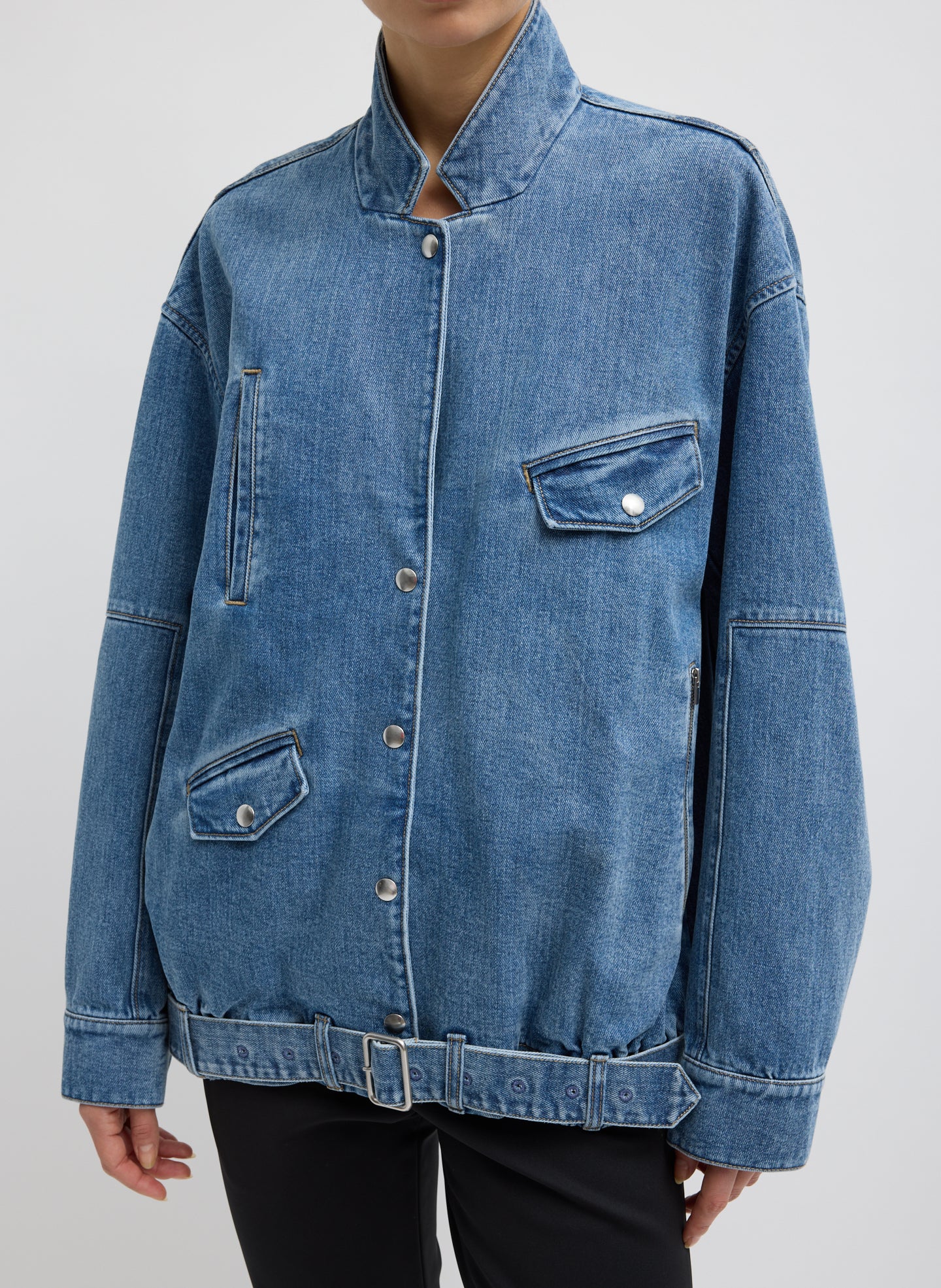 Classic Denim Moto Bomber - Classic Blue Denim Moto Bomber - denim jacket, front view on model