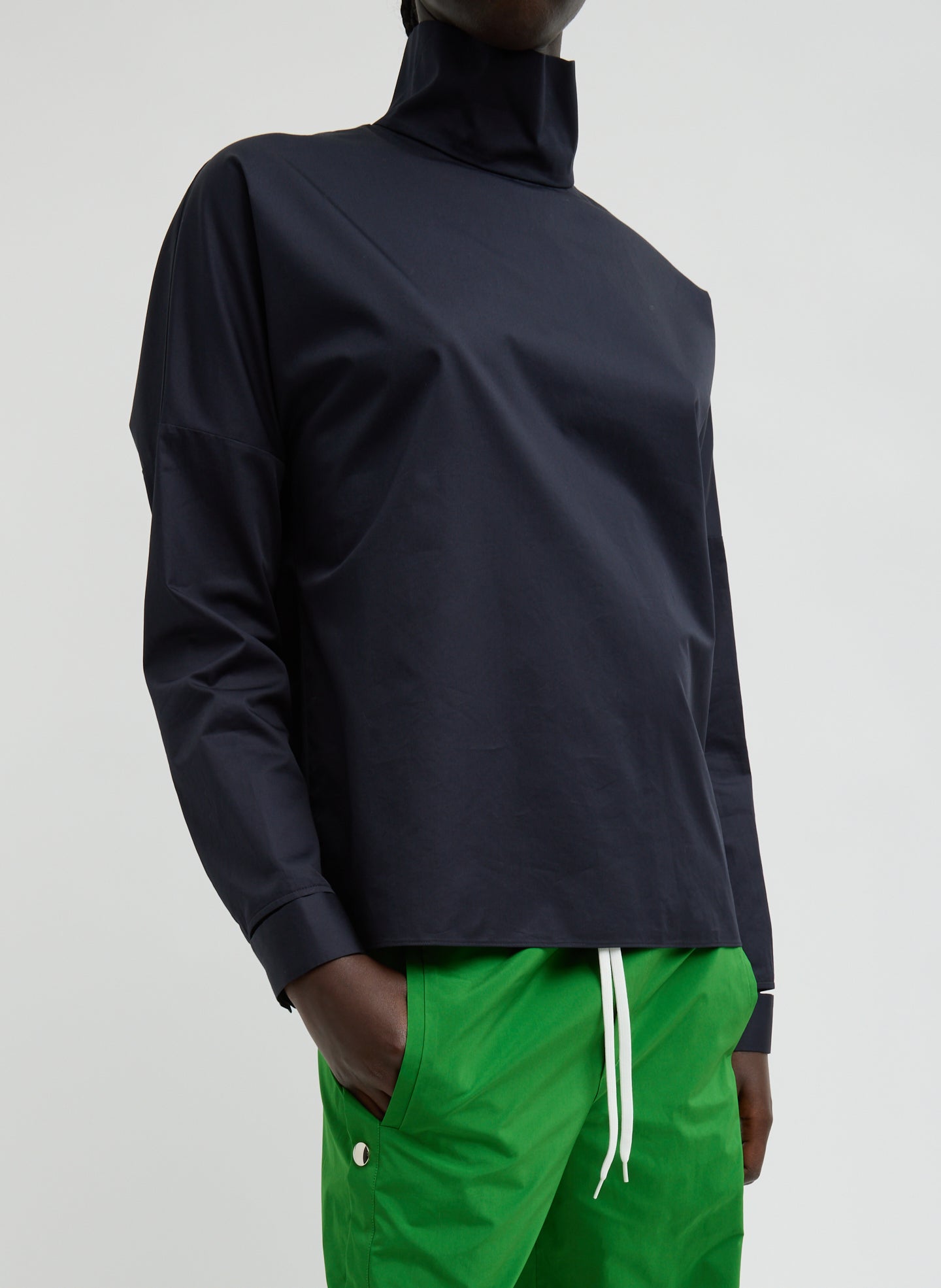 Eco Poplin Funnel Neck Dolman Top - Dark Navy Eco Poplin Funnel Neck Dolman Top - long sleeve top, front view on model