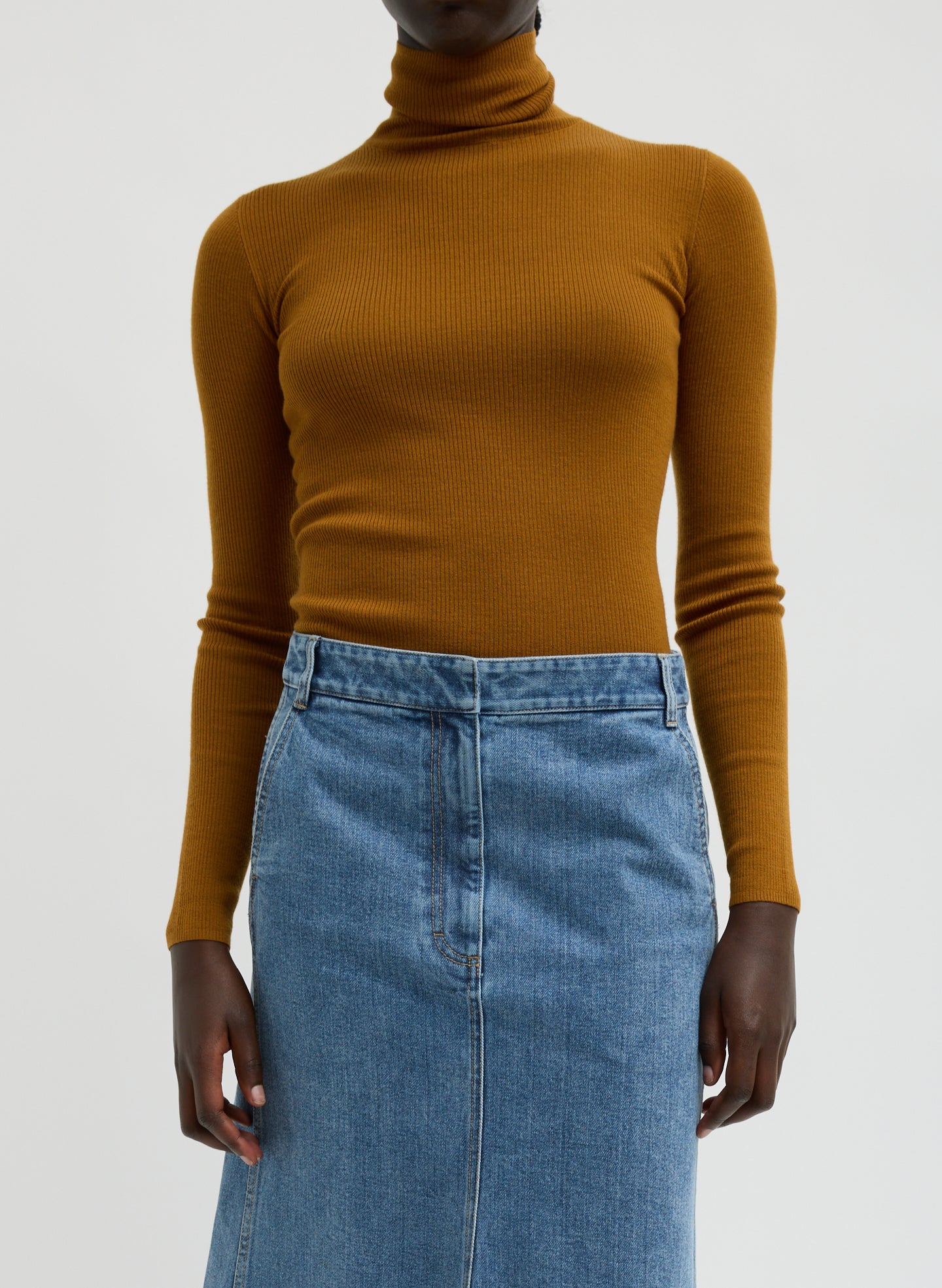 Featherweight Ribbed Sweater Turtleneck Pullover - Ochre Featherweight Ribbed Sweater Crewneck Pullover - front view on model