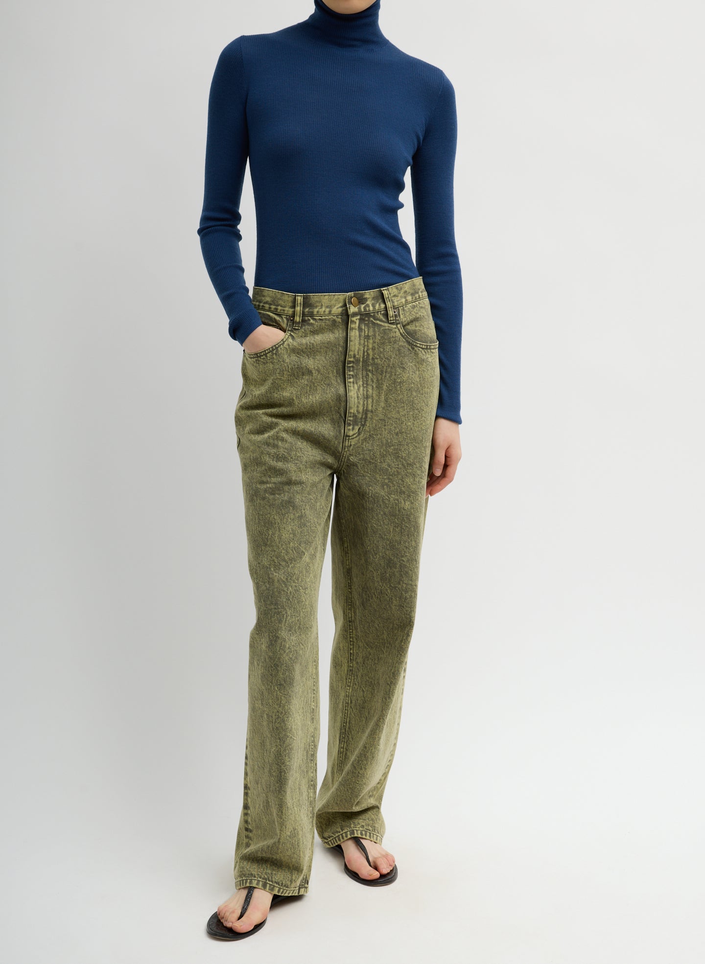 Seal Blue Featherweight Ribbed Sweater Turtleneck Pullover - full look, front view on model