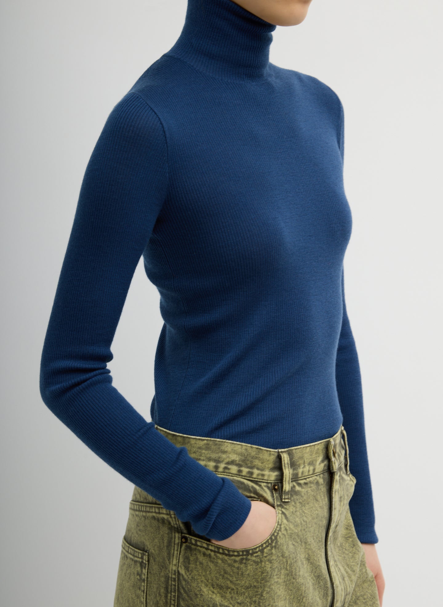 Seal Blue Featherweight Ribbed Sweater Turtleneck Pullover - side view on model