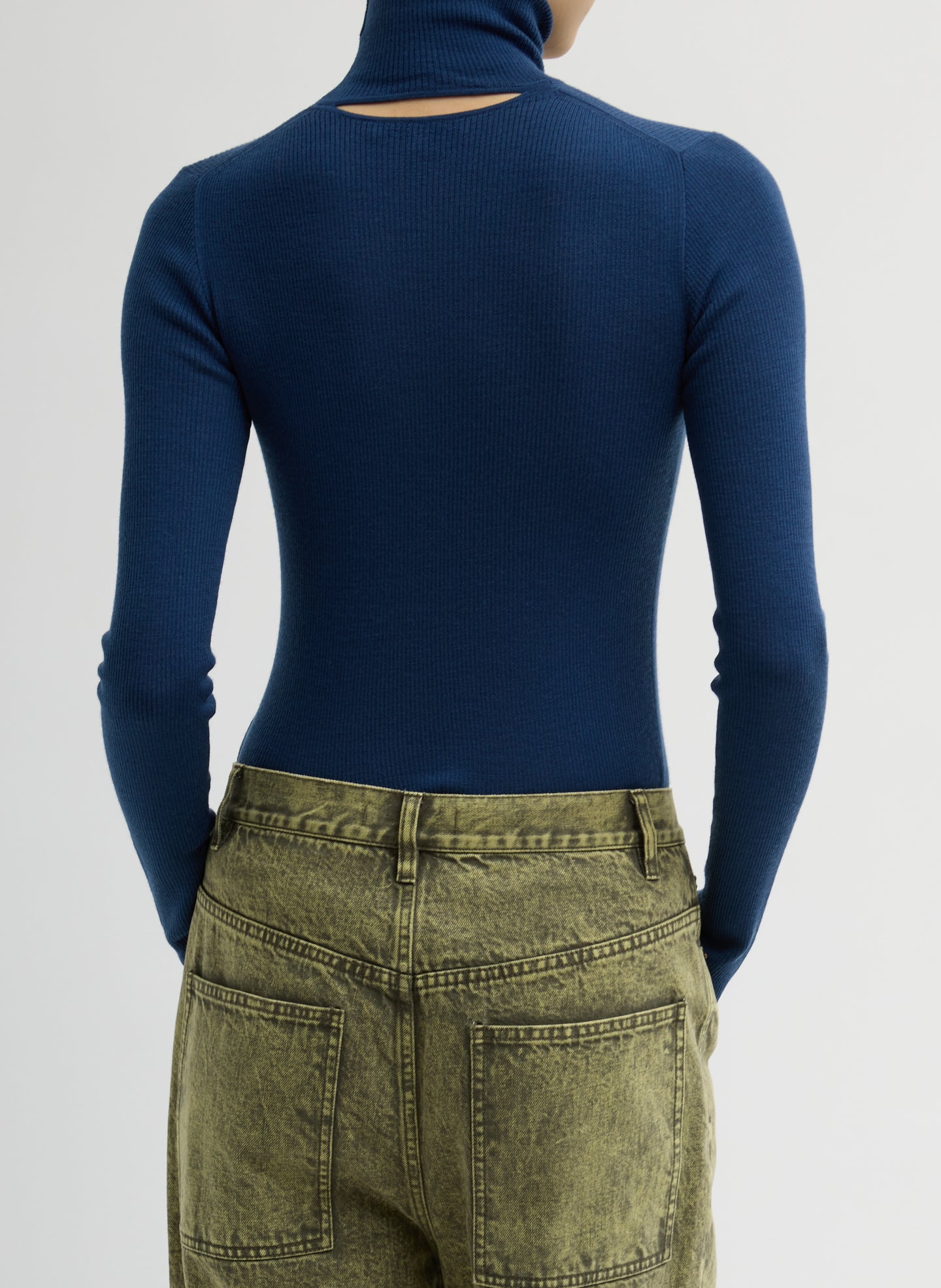 Seal Blue Featherweight Ribbed Sweater Turtleneck Pullover - back view on model
