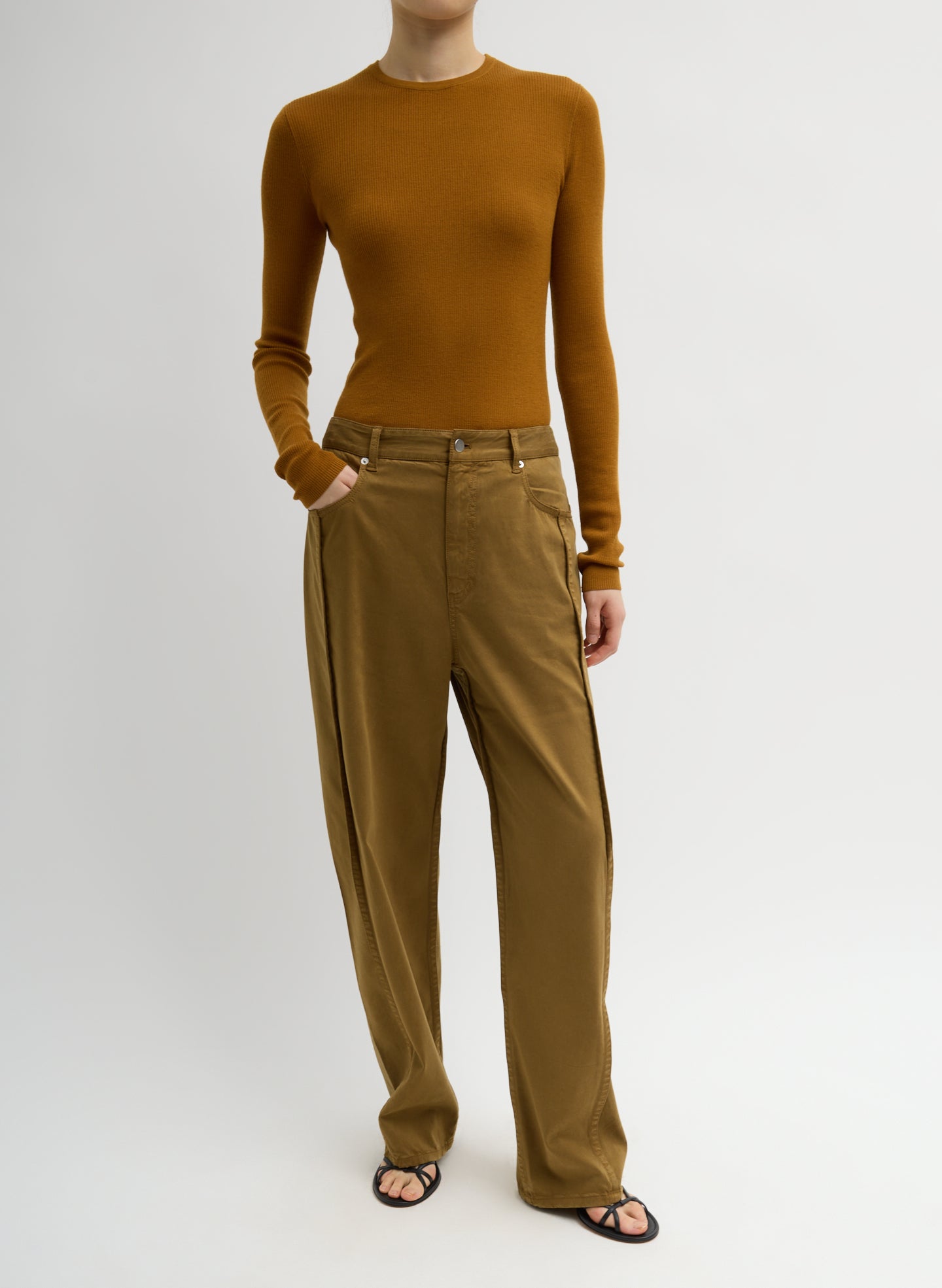 Ochre Featherweight Ribbed Sweater Crewneck Pullover - full look, front view on model