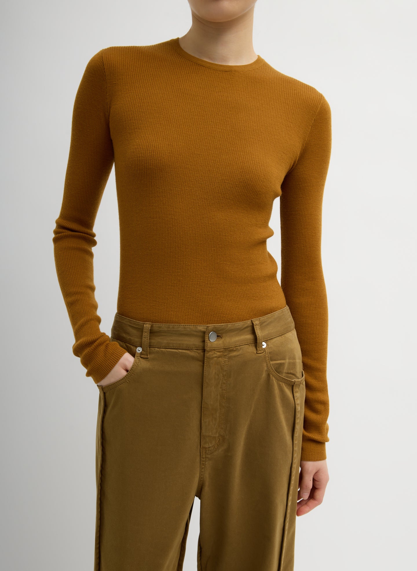 Featherweight Ribbed Sweater Crewneck Pullover - Ochre Featherweight Ribbed Sweater Crewneck Pullover - long sleeve tee, front view on model