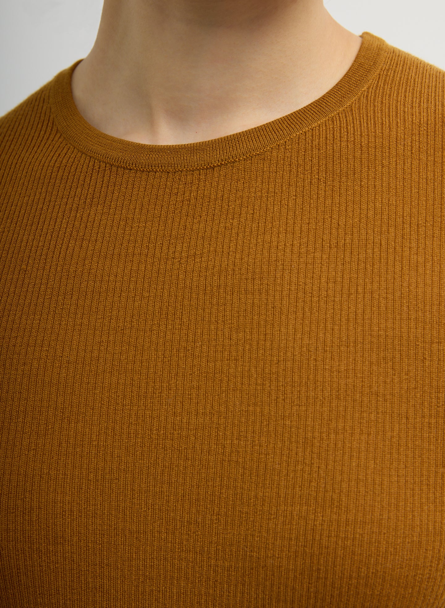 Ochre Featherweight Ribbed Sweater Crewneck Pullover - closeup of ribbed fabric