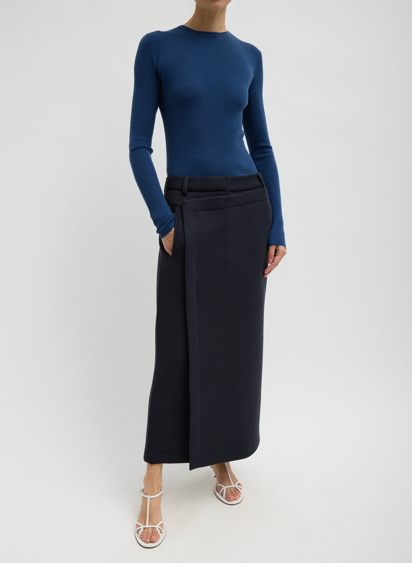 Seal Blue Featherweight Ribbed Sweater Crewneck Pullover - full look, front view on model