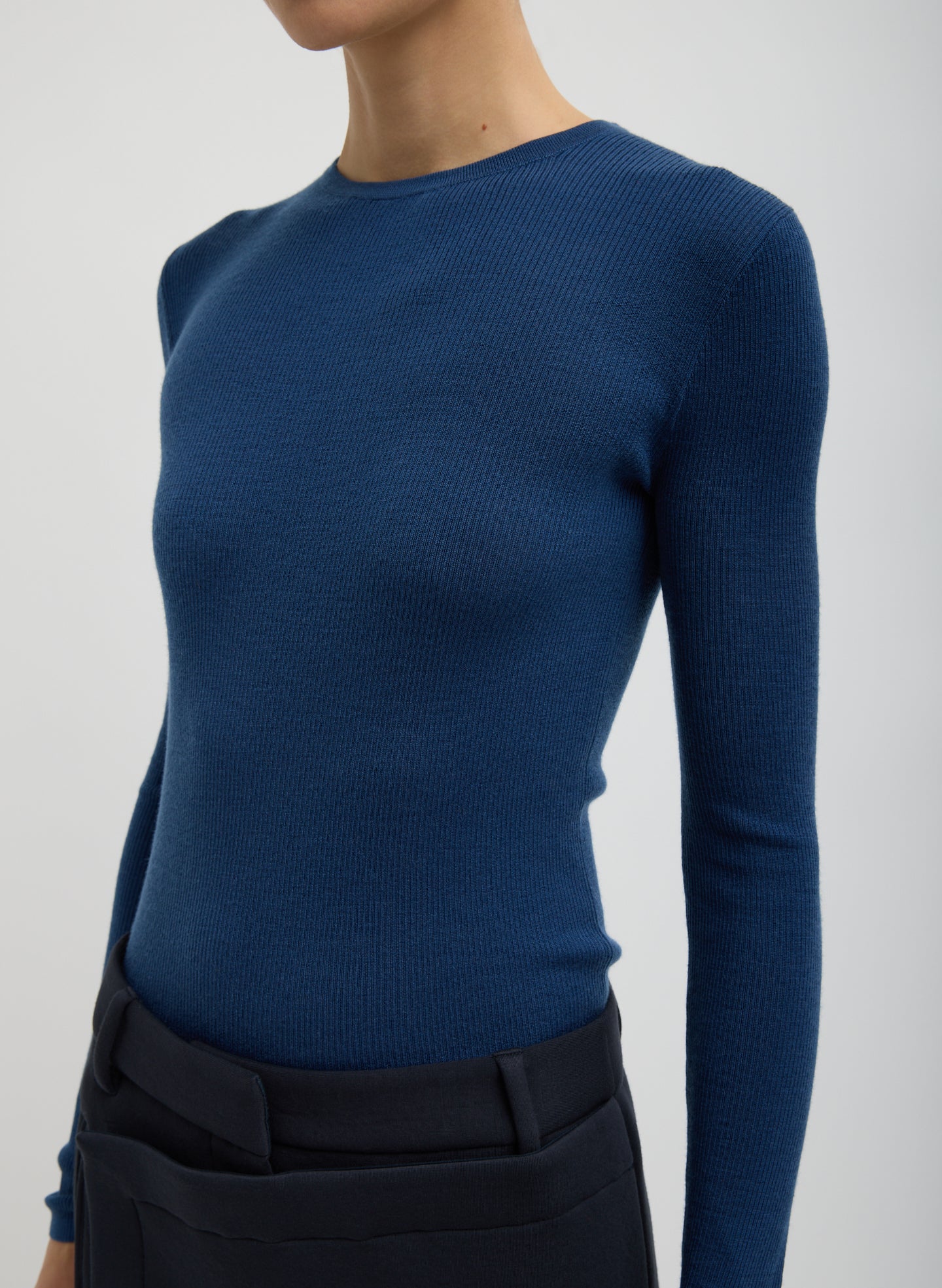 Featherweight Ribbed Sweater Crewneck Pullover - Seal Blue Featherweight Ribbed Sweater Crewneck Pullover - long sleeve tee, front view on model