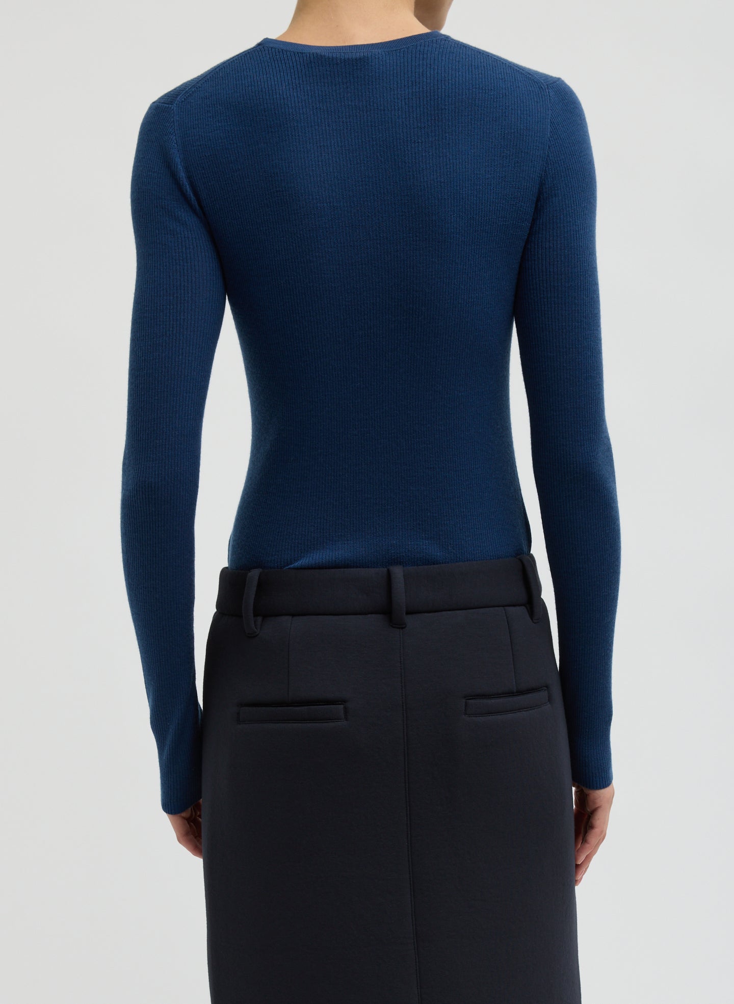 Seal Blue Featherweight Ribbed Sweater Crewneck Pullover - long sleeve tee, back view on model