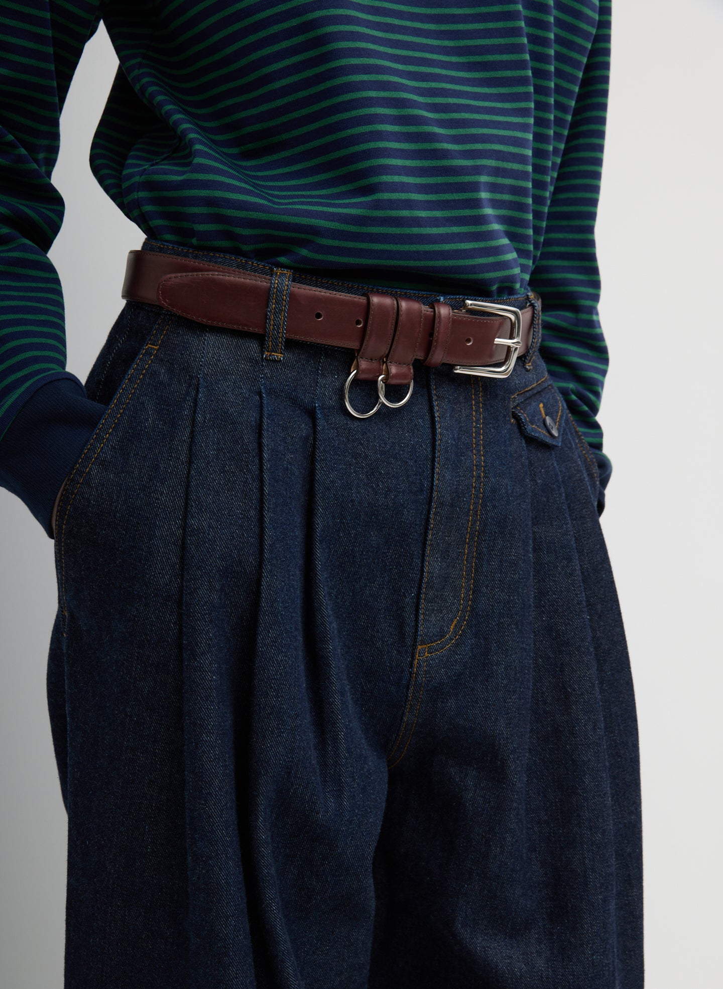 Indigo Denim Triple Pleat Jean - closeup of pleated details at front