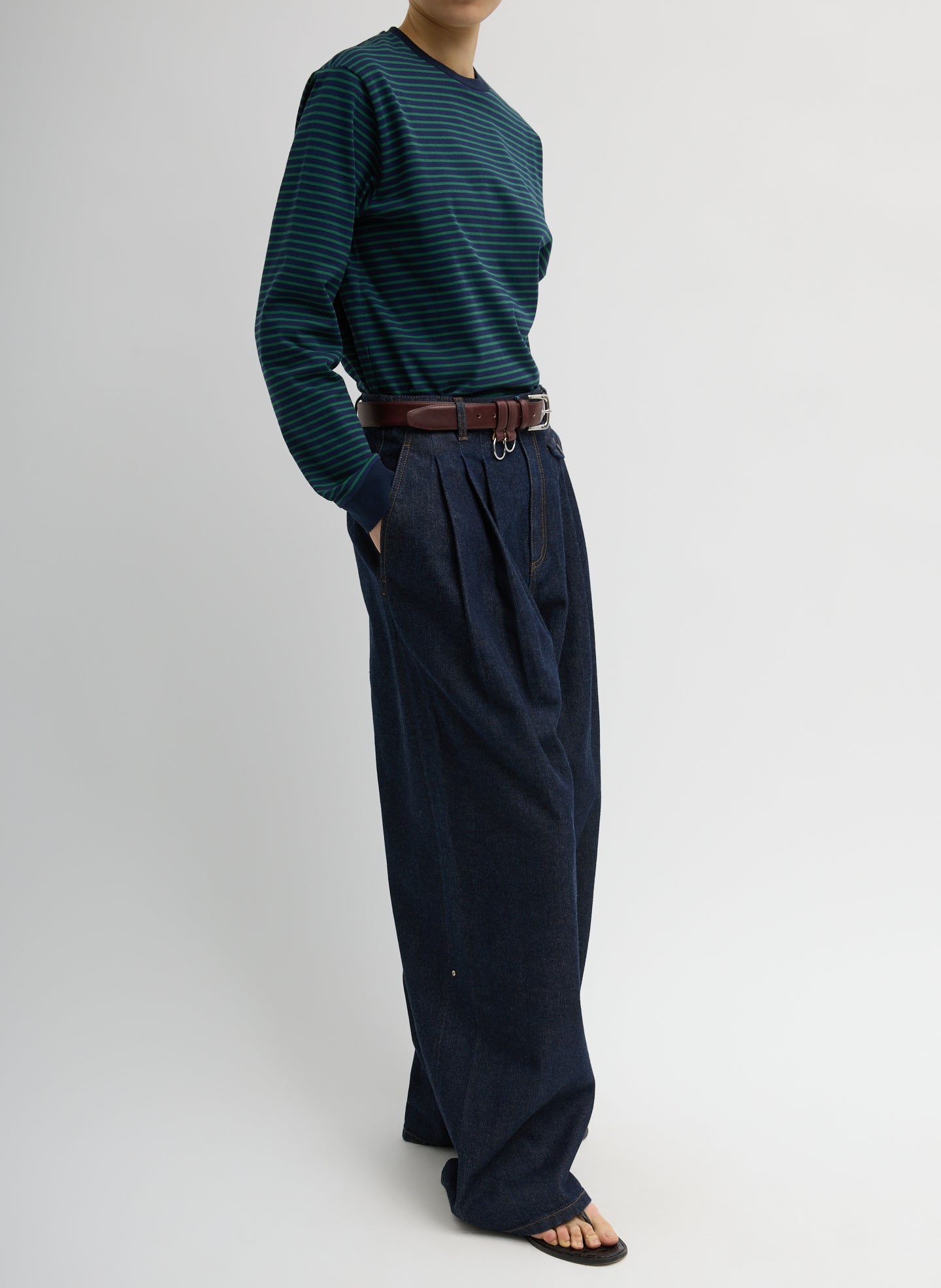 Indigo Denim Triple Pleat Jean - pleated trouser jeans, side view on model