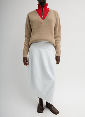 Optic White Leather Asymmetrical Balloon Skirt - leather midi skirt, front view on model