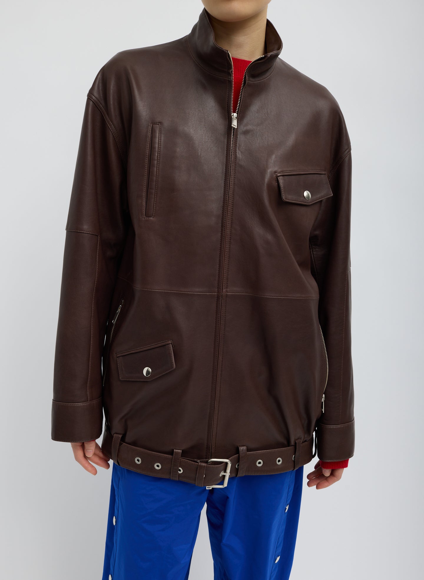 Brown Leather Moto Bomber - front view on model