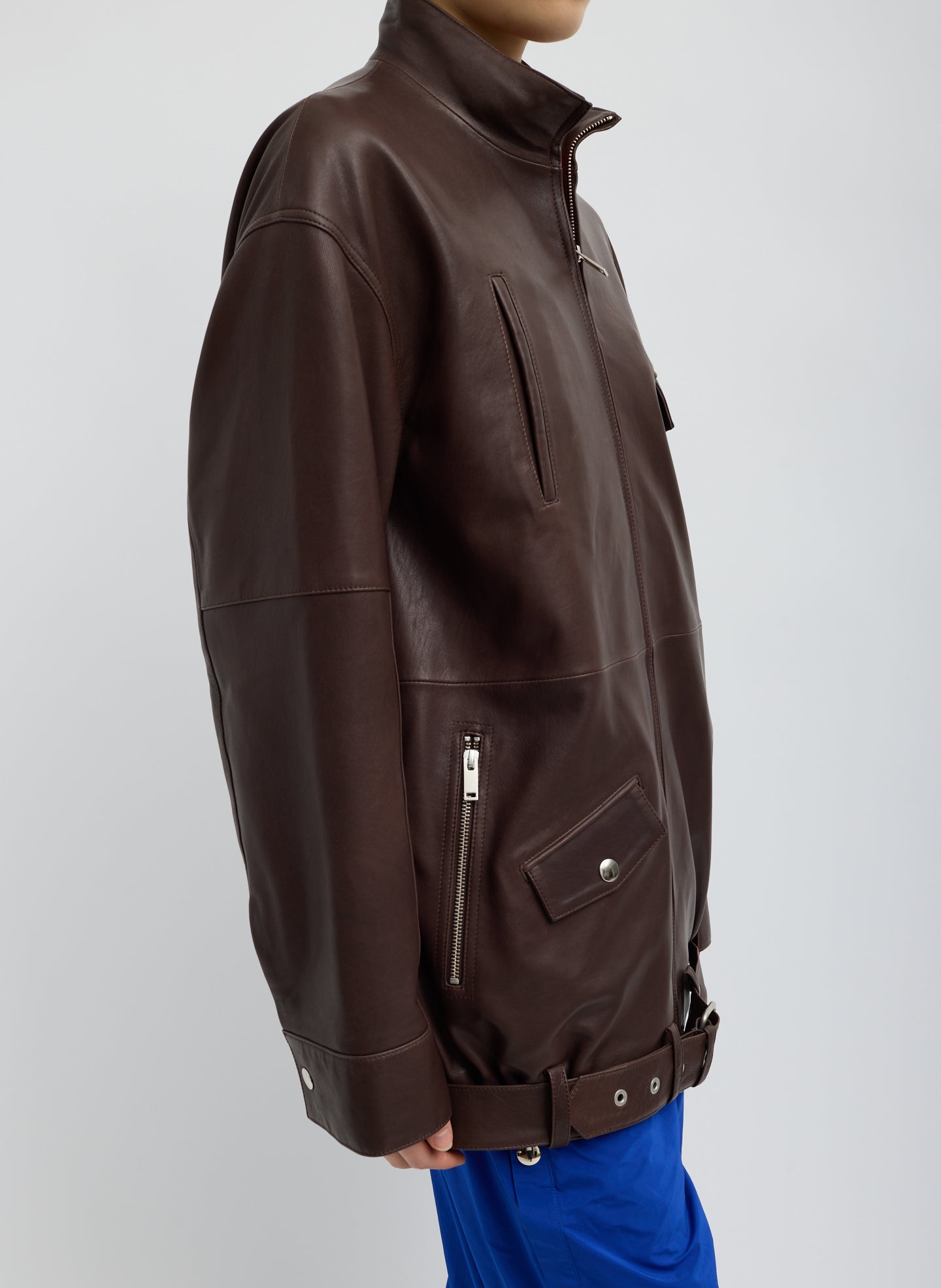 Brown Leather Moto Bomber - side view on model
