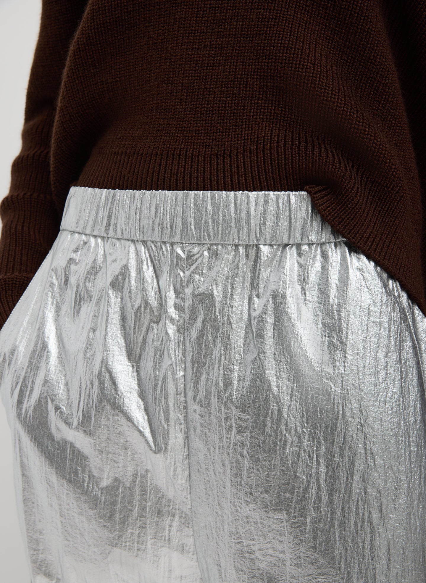 Silver Metallic Nylon Winslow Pant - closeup of waistband detail
