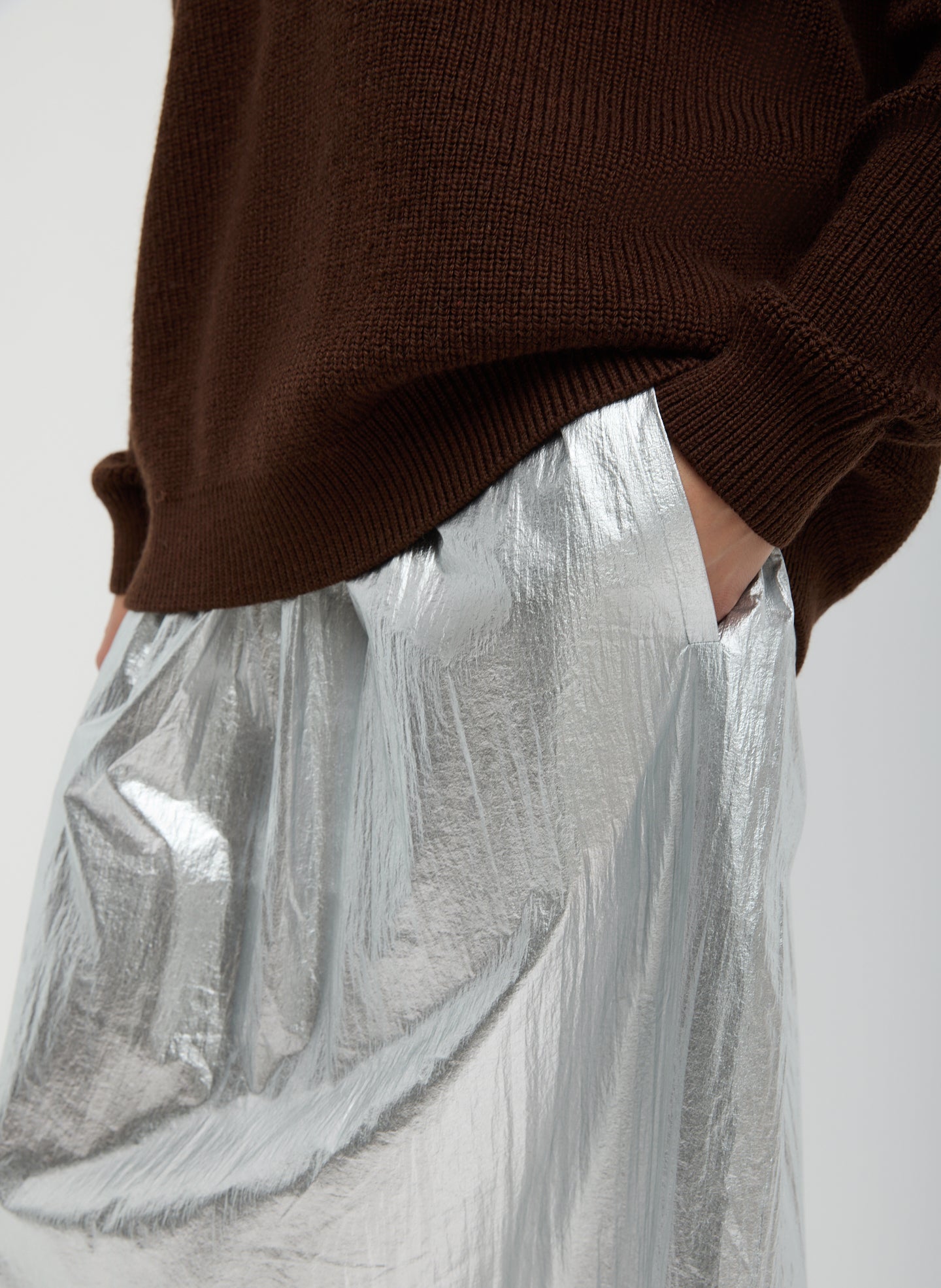 Silver Metallic Nylon Pull On Full Skirt - closeup of metallic nylon fabric