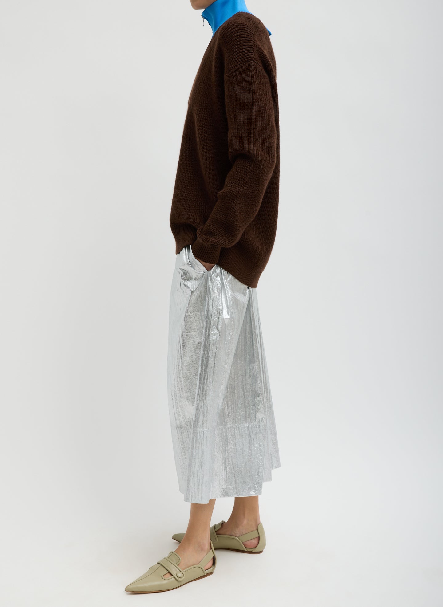 Silver Metallic Nylon Pull On Full Skirt - midi skirt, side view on model