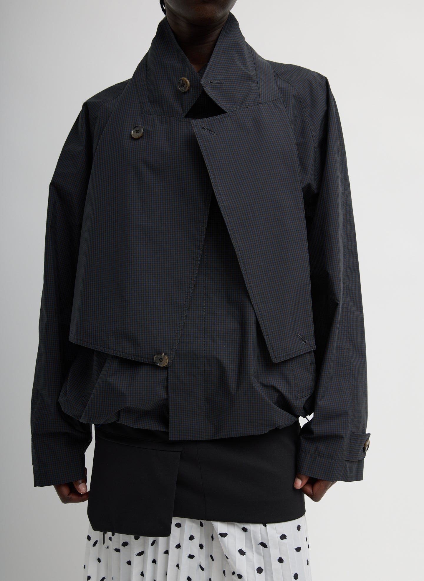 Navy Multi Charles Menswear Trench Anorak - patterned nylon, front view on model