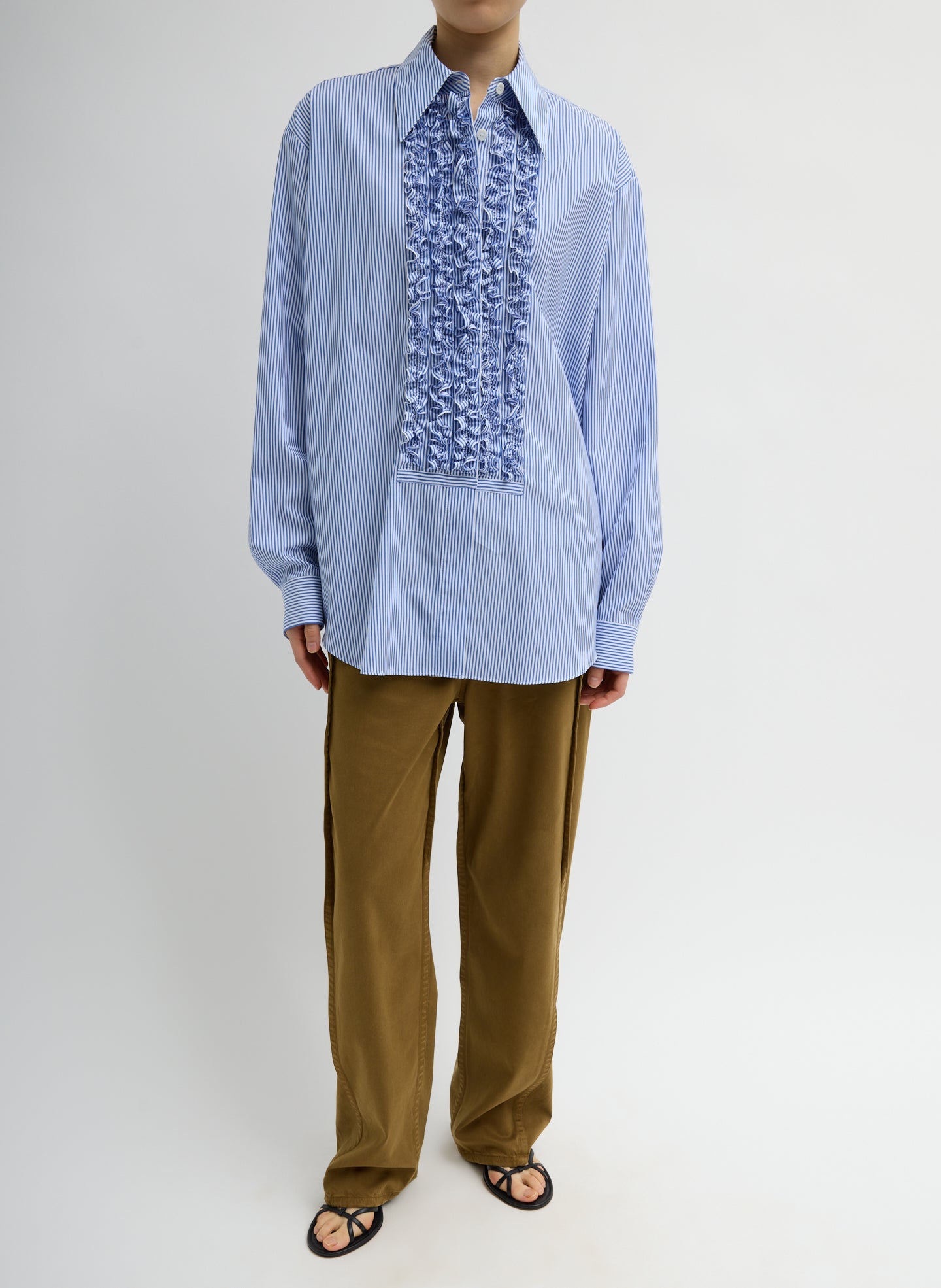 Blue Striped Shirting Easy Tuxedo Shirt - full look, front view on model