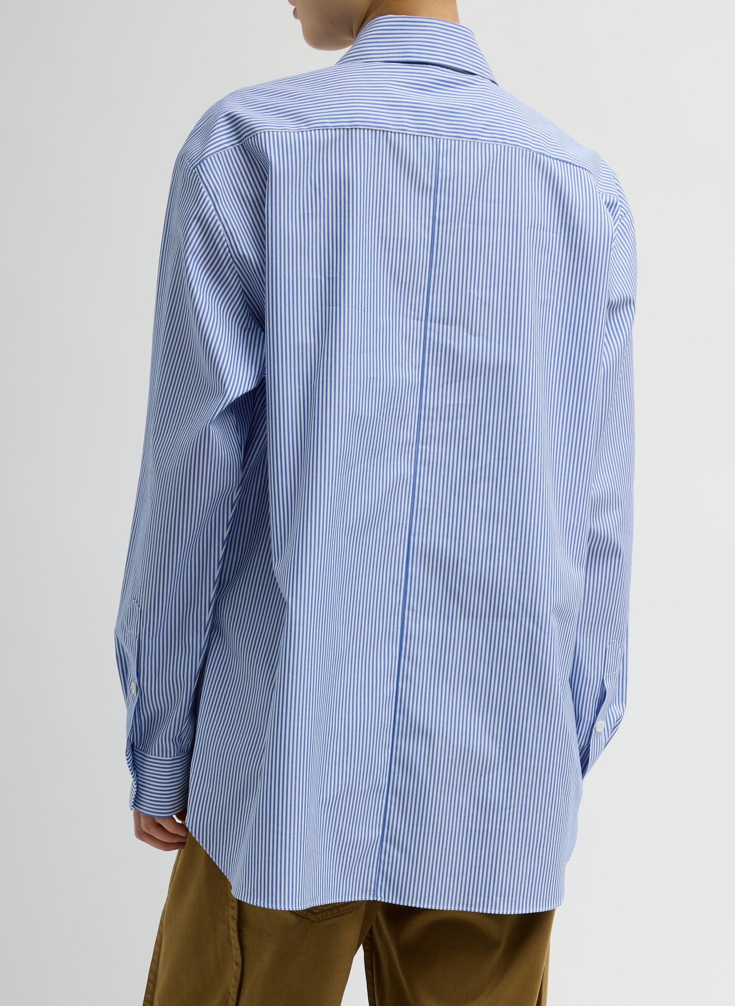 Blue Striped Shirting Easy Tuxedo Shirt - button down, back view on model