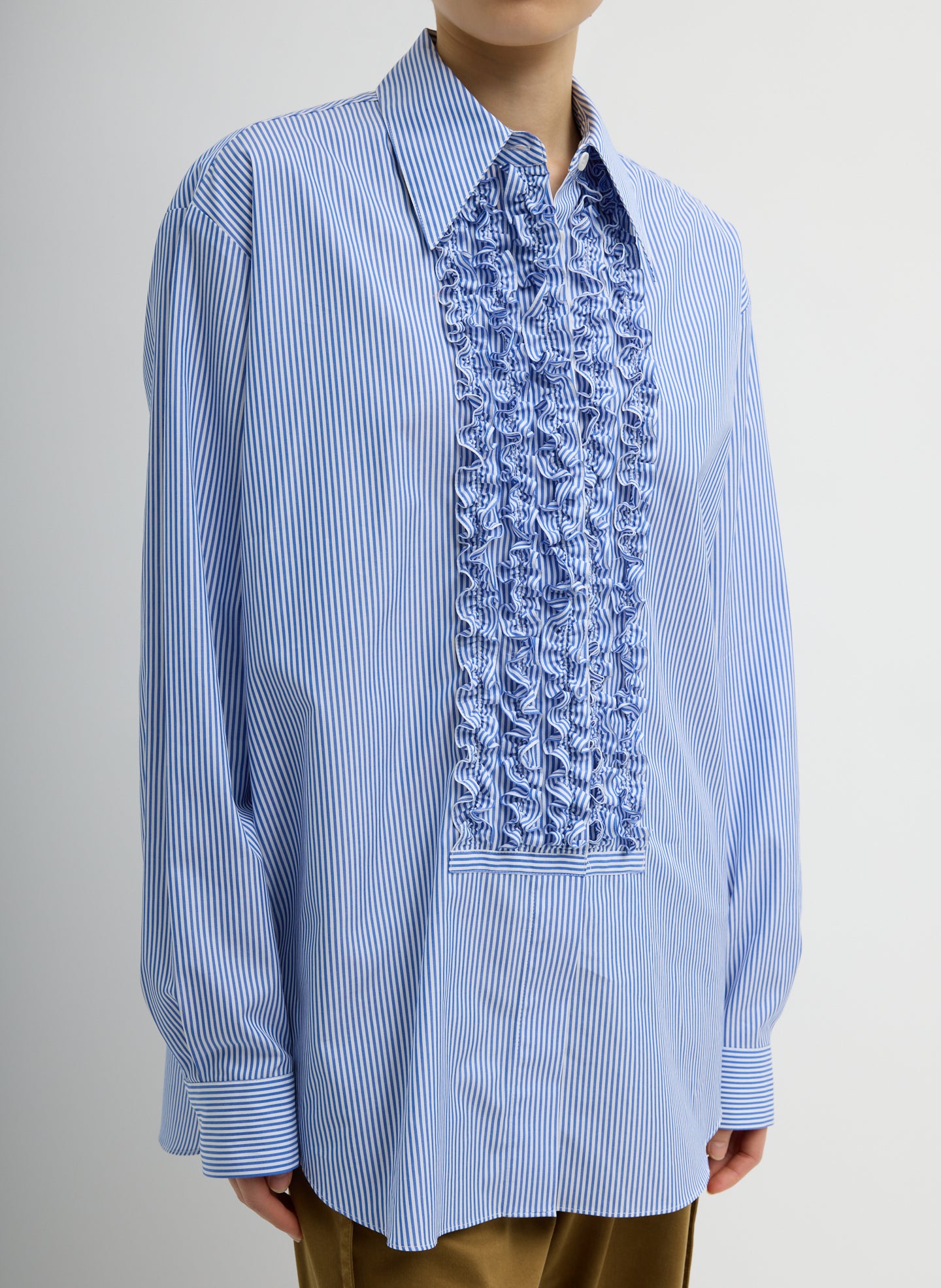 Striped Shirting Easy Tuxedo Shirt - Blue Striped Shirting Easy Tuxedo Shirt - button down, front view on model