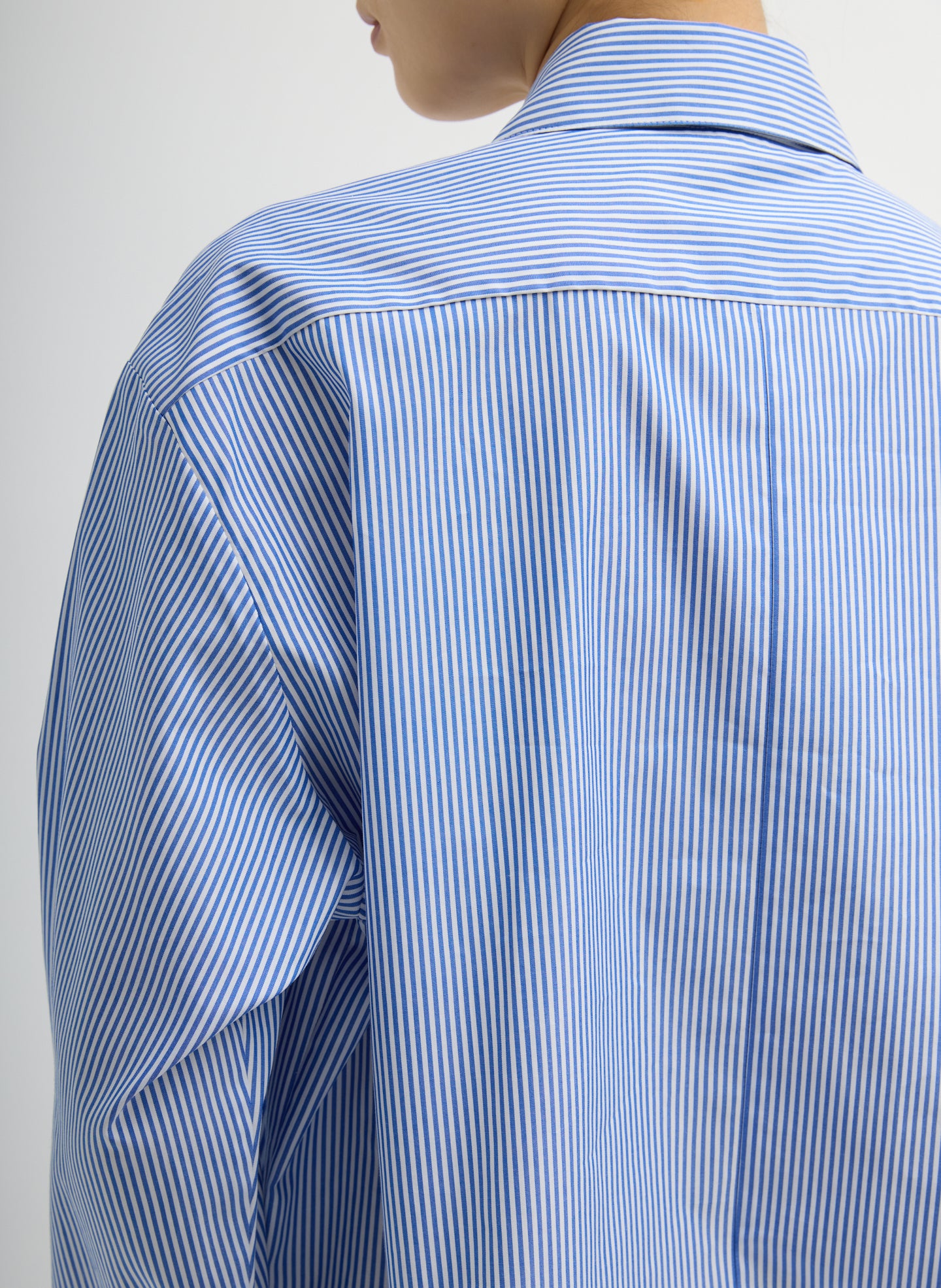 Blue Striped Shirting Easy Tuxedo Shirt - closeup of striped pattern