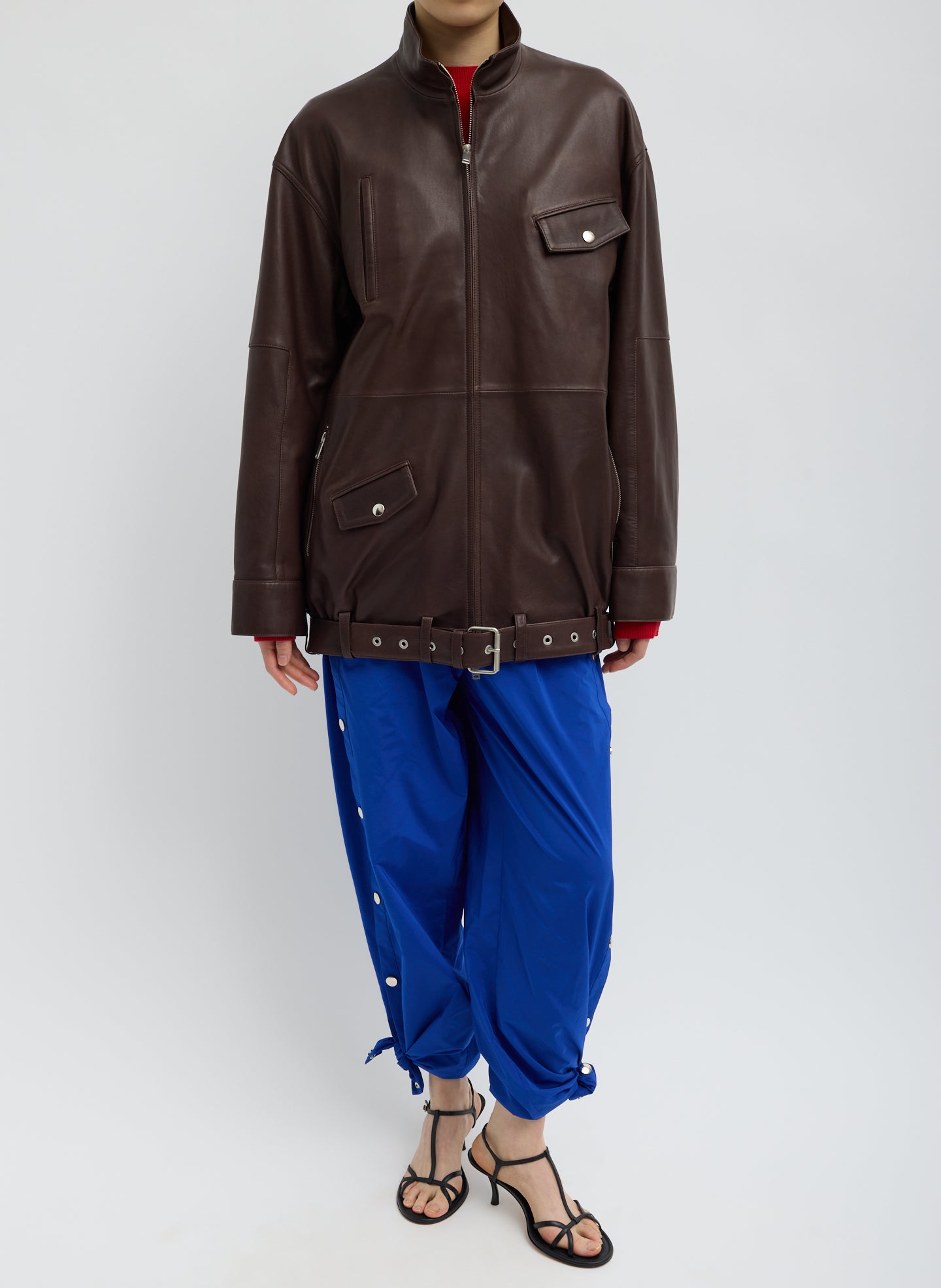 Bright Blue Nylon Snap Pull On Jogger - front view on model