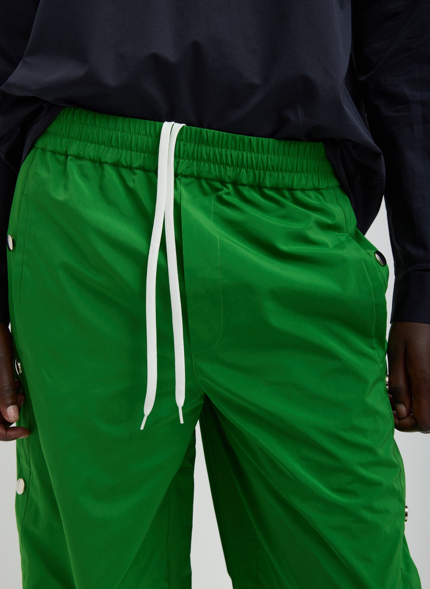Green Nylon Snap Pull On Jogger - closeup of waistband detail