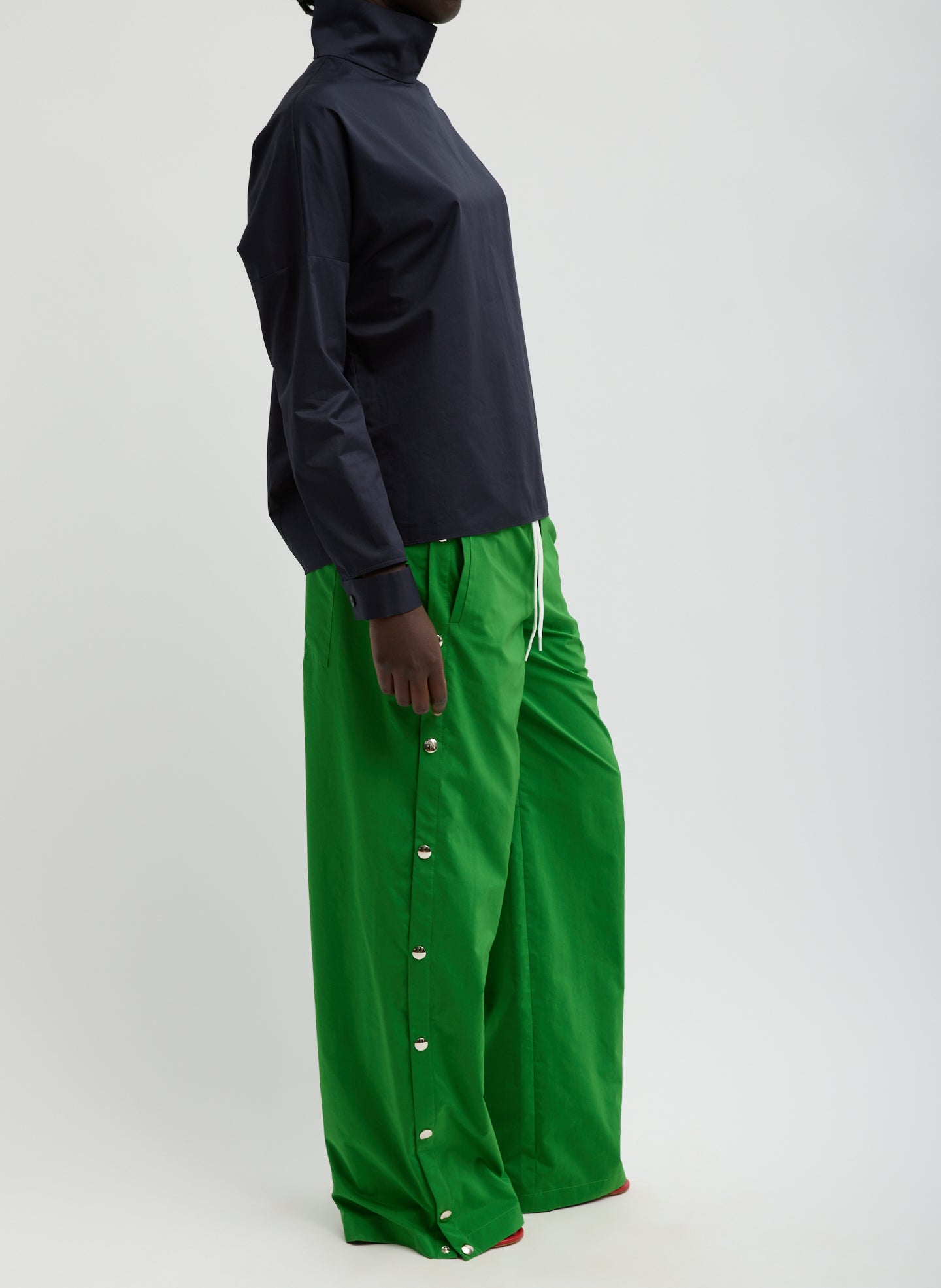 Green Nylon Snap Pull On Jogger - side view on model