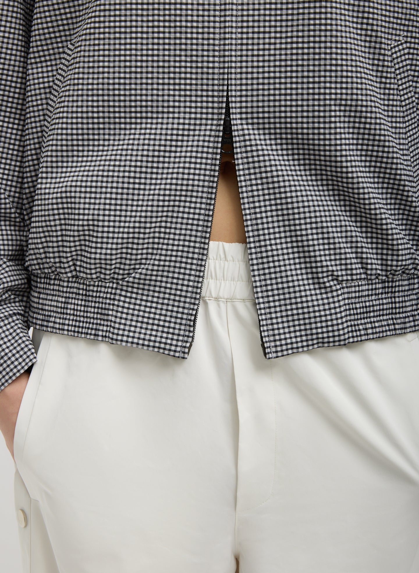 White Nylon Snap Pull On Jogger  -closeup of waistband detail