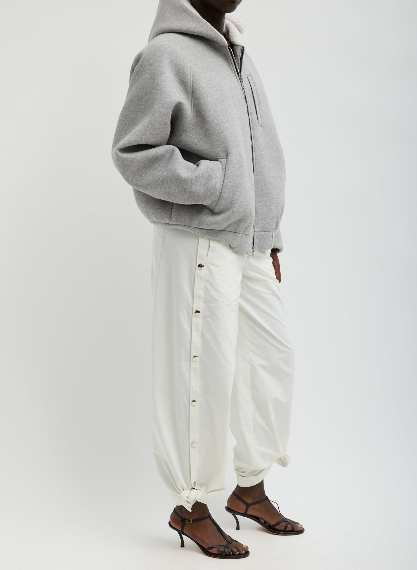 White Nylon Snap Pull On Jogger  - full look, side view on model