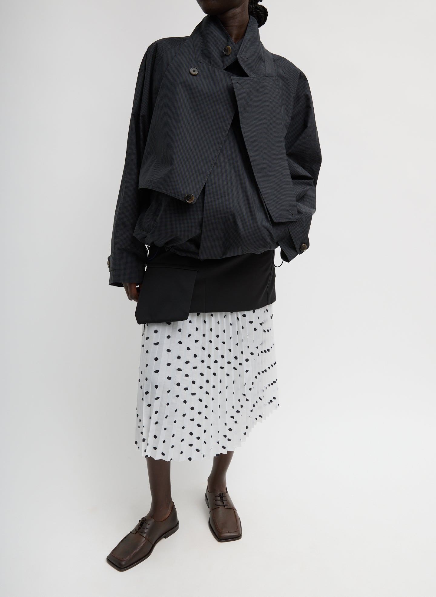 Black and White Scribble Dot Print Pull On Pleated Skirt - full look, front view on model