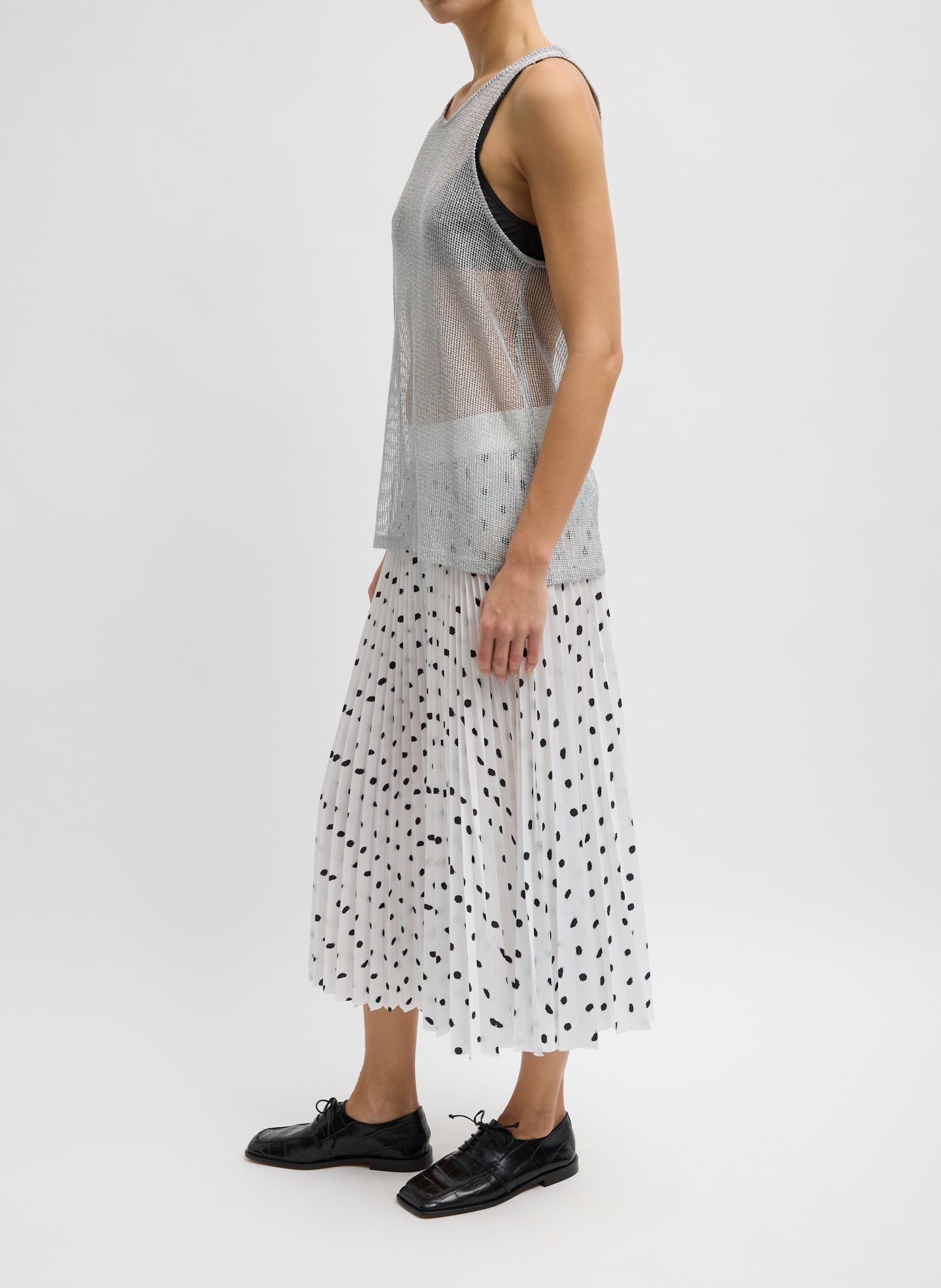 Black and White Scribble Dot Print Pull On Pleated Skirt - polka dot midi skirt, side view on model