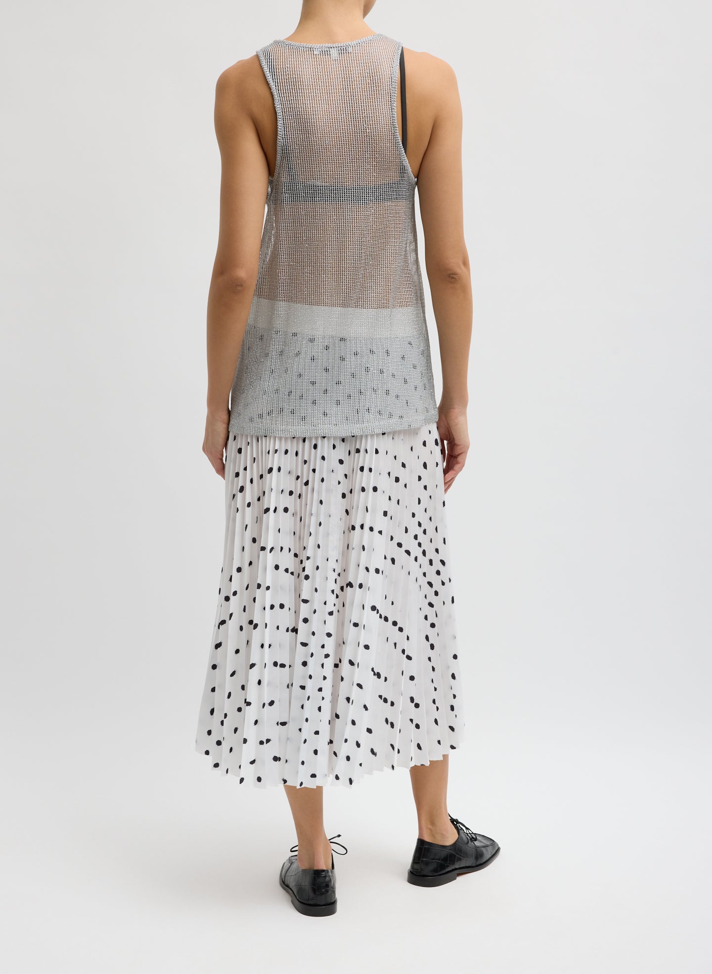 Black and White Scribble Dot Print Pull On Pleated Skirt - polka dot midi skirt, back view on model