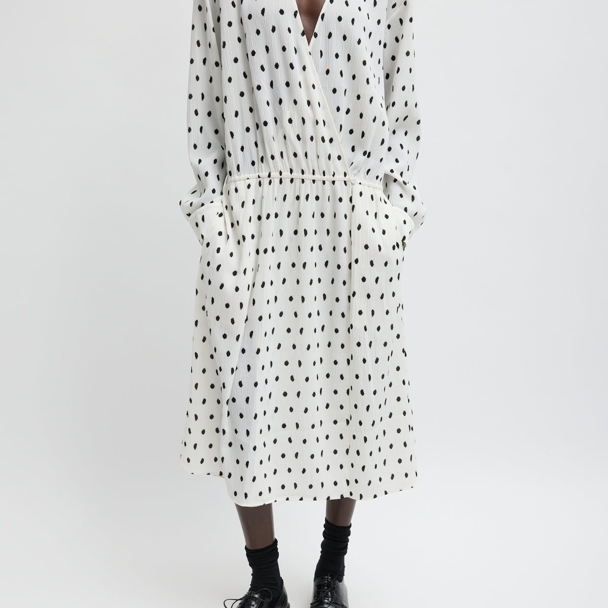 zara black and white dress Scribble Dot Print Stretch Plisse Wrap Dress – Tibi Official