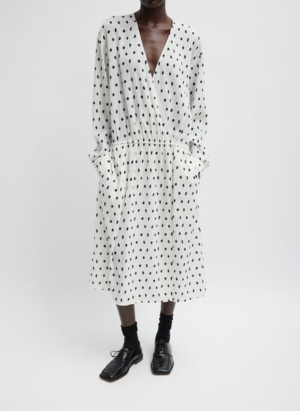 Scribble Dot Print Stretch Plisse Wrap Dress Black/White / L / R125PO1658