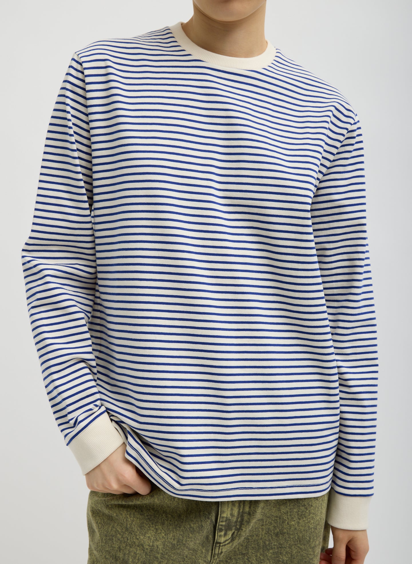 Striped Perfect Unisex Long Sleeve T-Shirt - Blue and White Striped Perfect Unisex Long Sleeve T-Shirt - front view on model