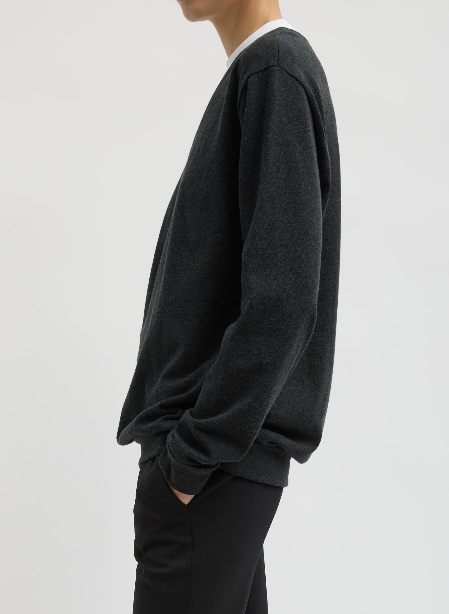 Grey Perfect T-Shirt Trompe L'oeil Top - side view on model