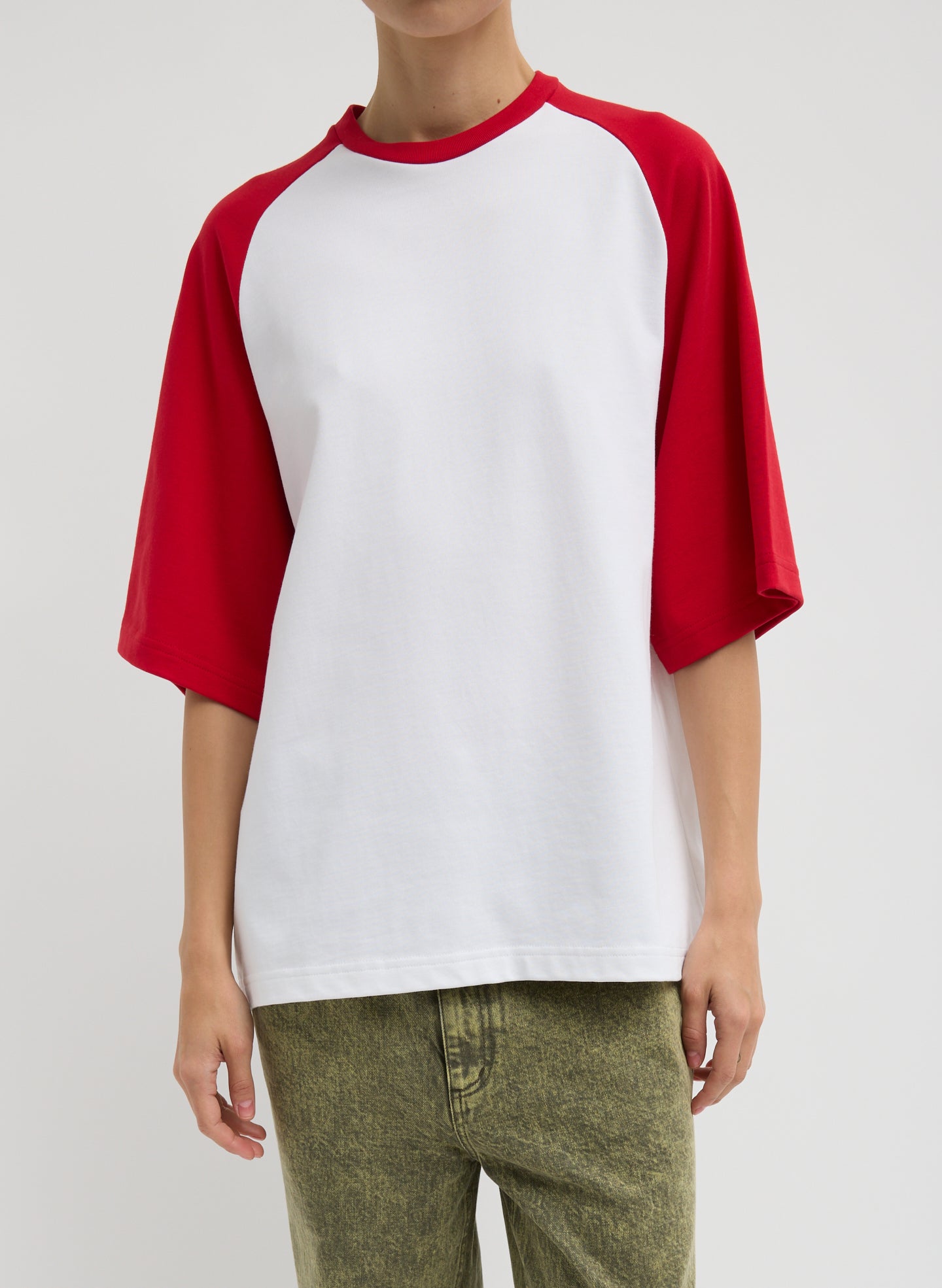 Perfect Baseball T-Shirt - Red Perfect Baseball T-Shirt - oversized two-tone tee, front view on model