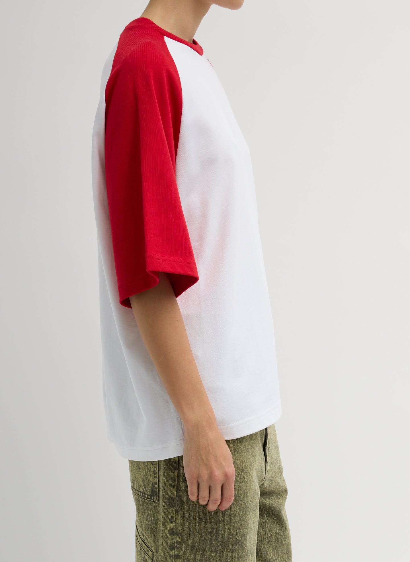 Red Perfect Baseball T-Shirt - oversized two-tone tee, side view on model
