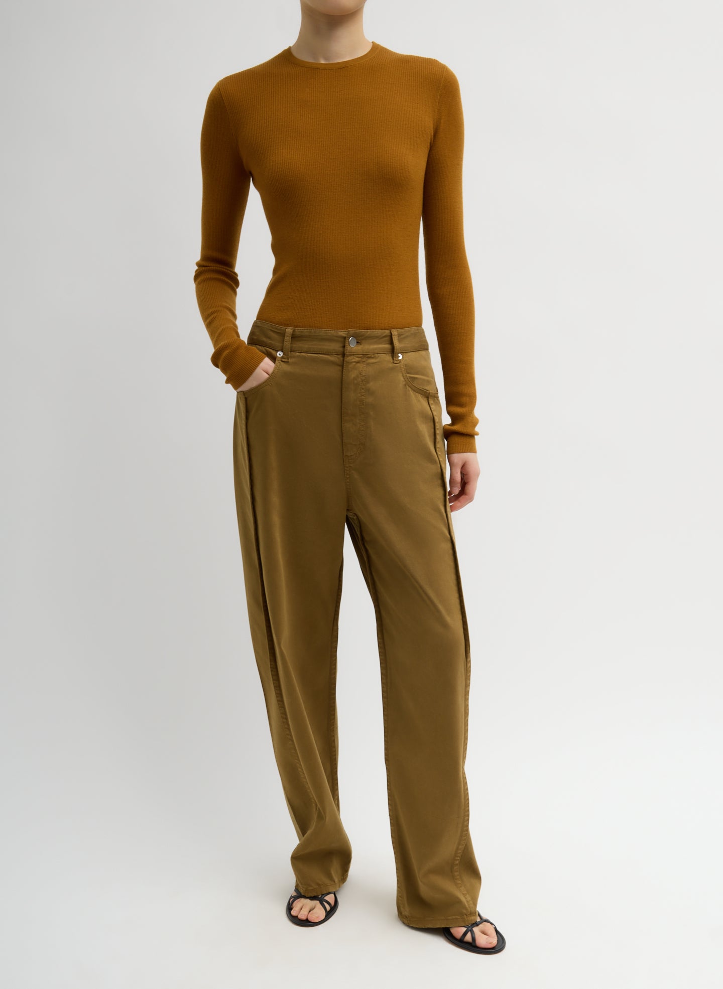 Garment Dyed Stretch Twill Tuck Pant - Dark Tan Garment Dyed Stretch Twill Tuck Pant - full look, front view on model