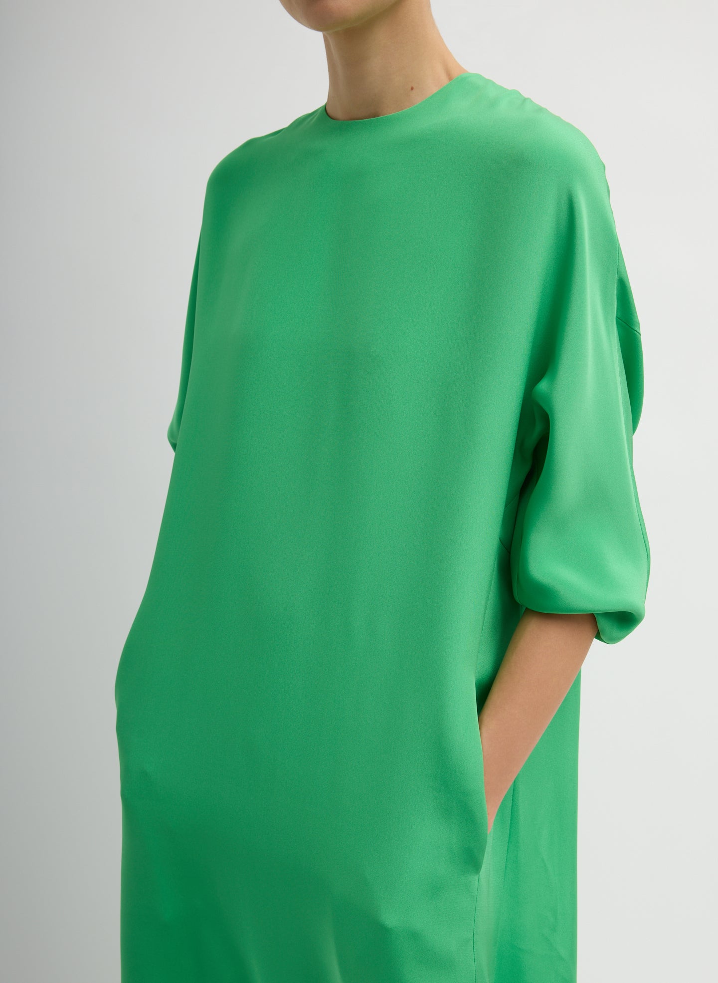 Bright Green 4-Ply Silk Long Sleeve Cocoon Dress - silk midi dress