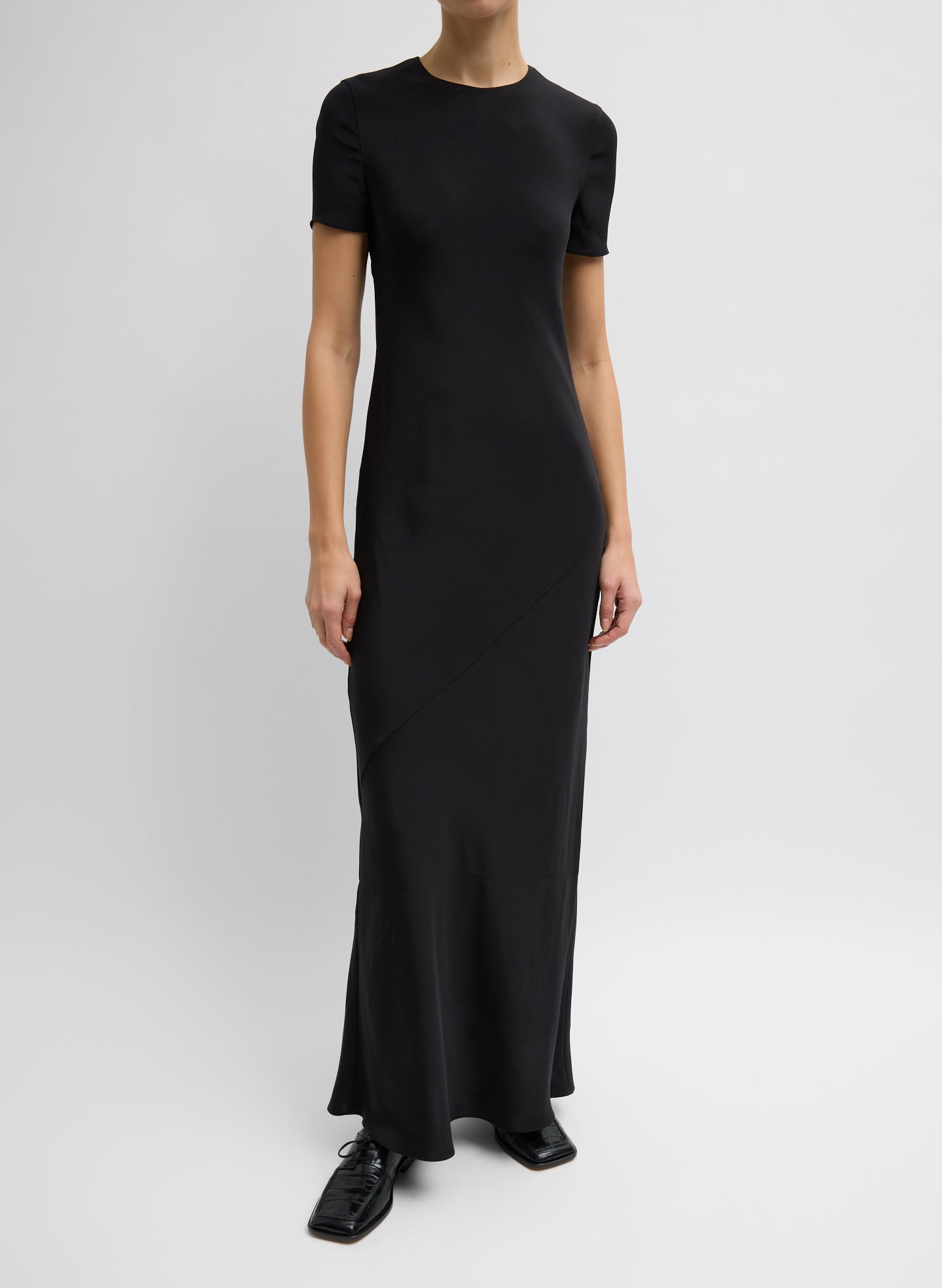 4-Ply Silk Bias Dress - Black 4-Ply Silk Bias Dress - short sleeve maxi dress, front view on model