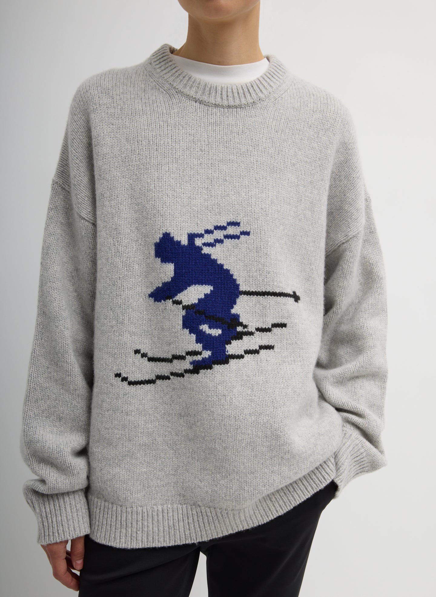 Soft Wool Ski Easy Pullover Crewneck Sweater - Heather Grey Multi Soft Wool Ski Easy Pullover Crewneck Sweater - front view on model