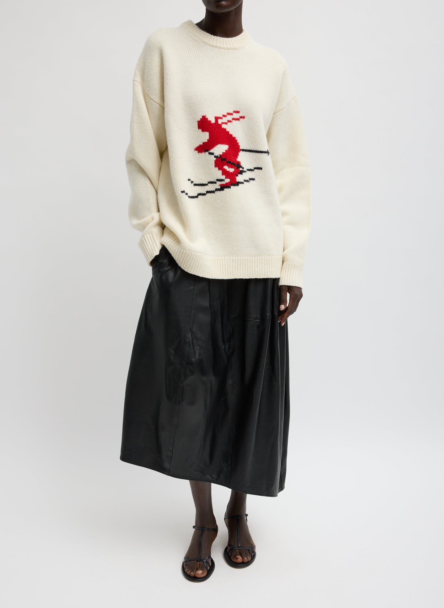 Ivory Multi Soft Wool Ski Easy Pullover Crewneck Sweater - full look, front view on model