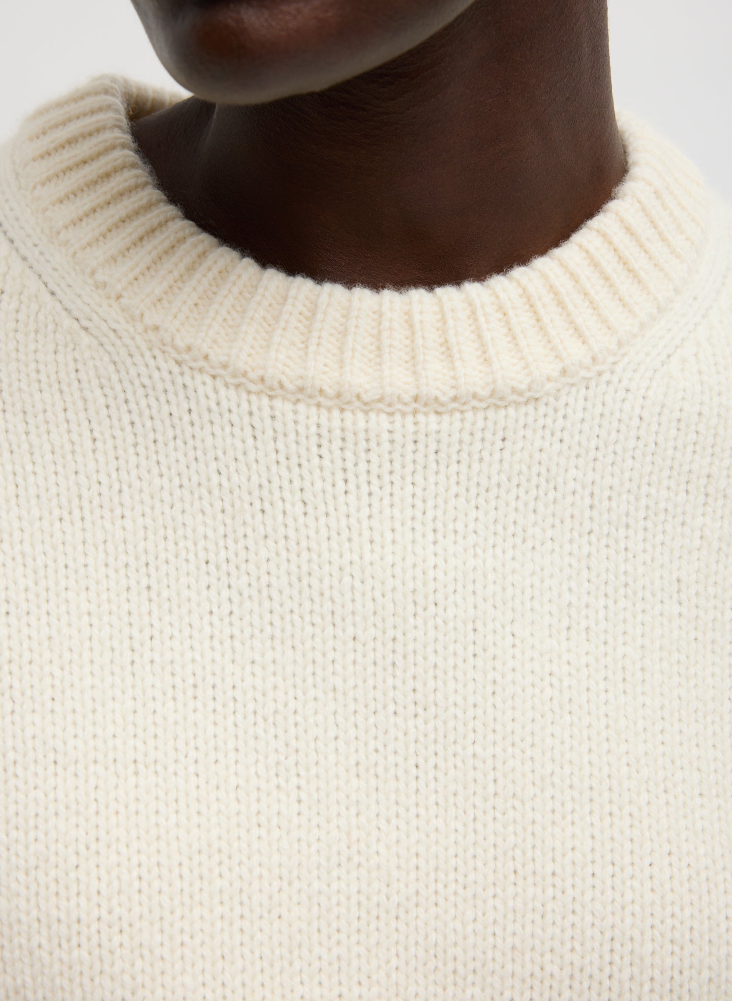 Ivory Multi Soft Wool Ski Easy Pullover Crewneck Sweater - closeup of ribbed neckline