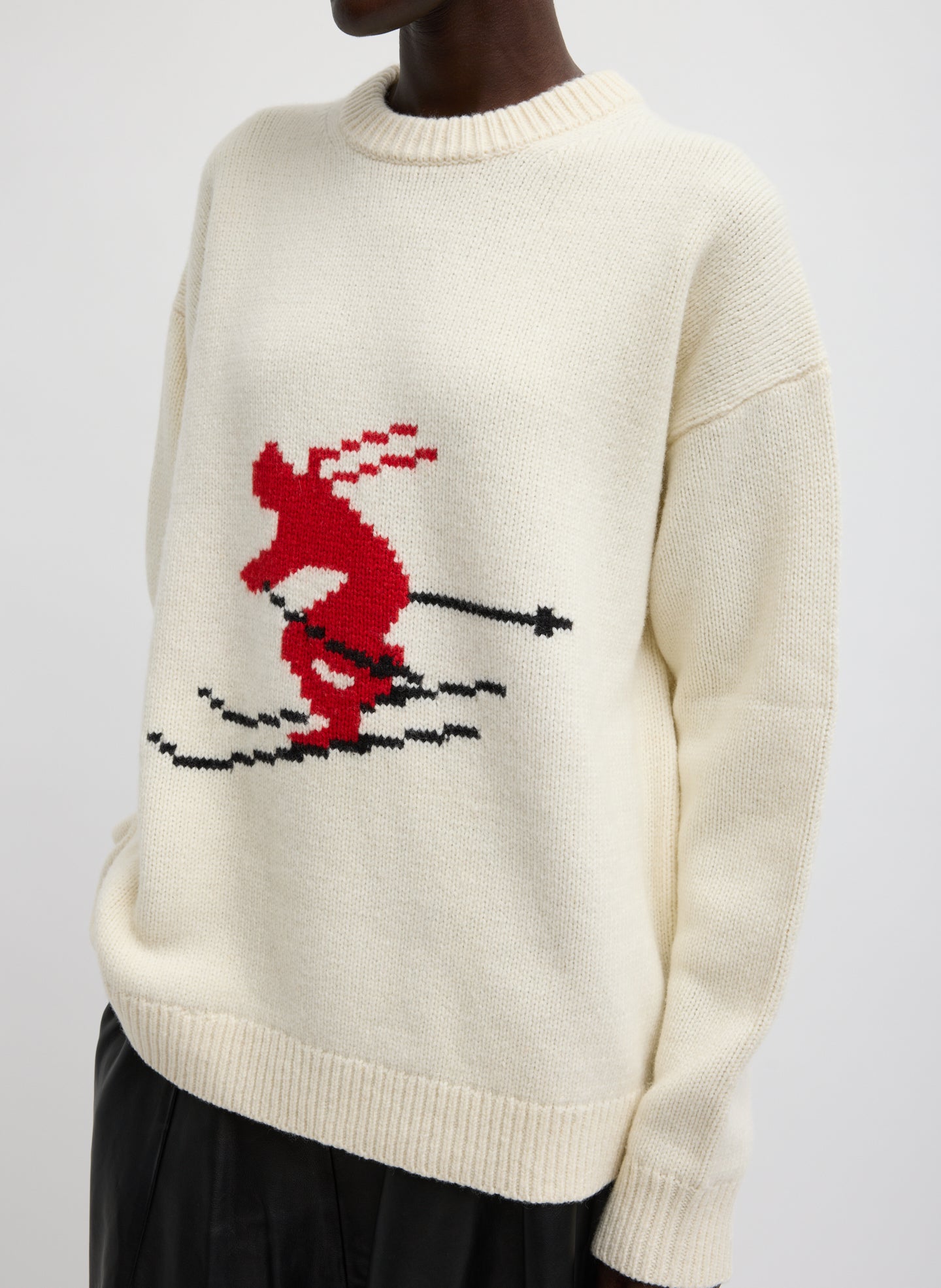 Soft Wool Ski Easy Pullover Crewneck Sweater - Ivory Multi Soft Wool Ski Easy Pullover Crewneck Sweater - relaxed fit, front view on model